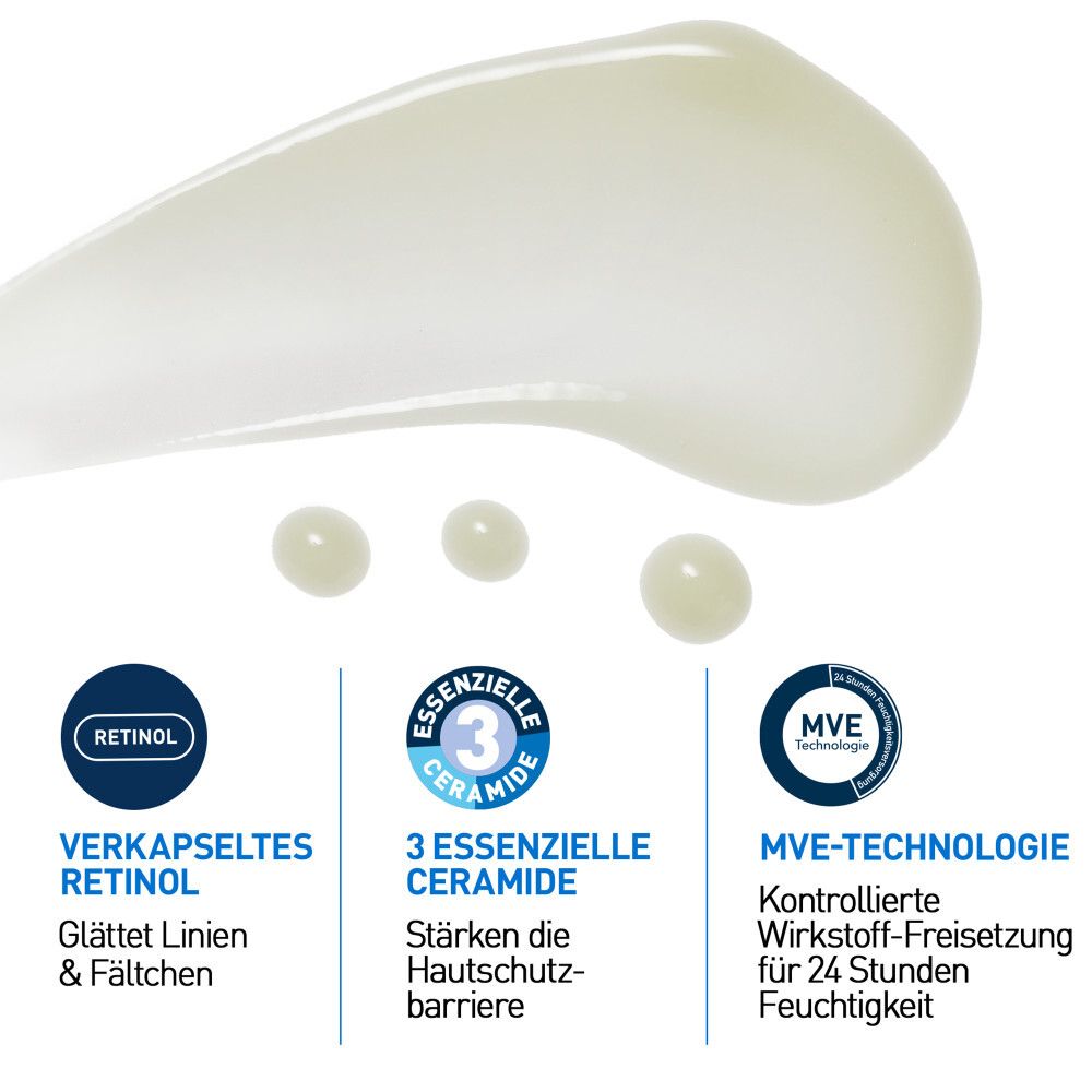 Serum-Tropfen und Logos. Verkapseltes Retinol, 3 essenzielle Ceramide, MVE-Technologie.