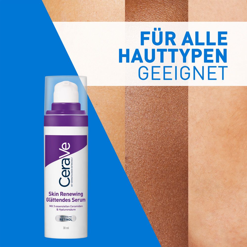 CeraVe Skin Renewing Serum. Für alle Hauttypen geeignet. Weiße Flasche mit lila Akzenten.