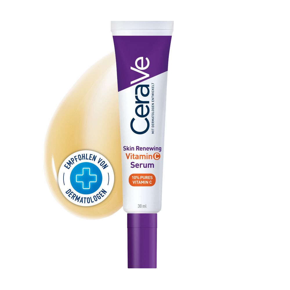 Tube violet CeraVe Skin Renewing Vitamin C Serum. 30 ml. Recommandé par les dermatologues.