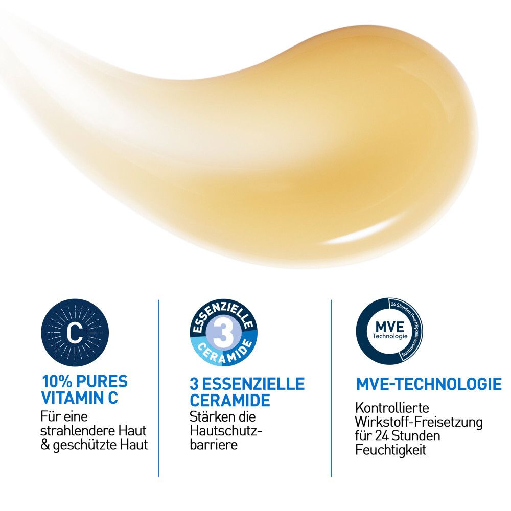 Texture de sérum jaune avec 10% de vitamine C pure. 3 céramides essentiels. Technologie MVE.