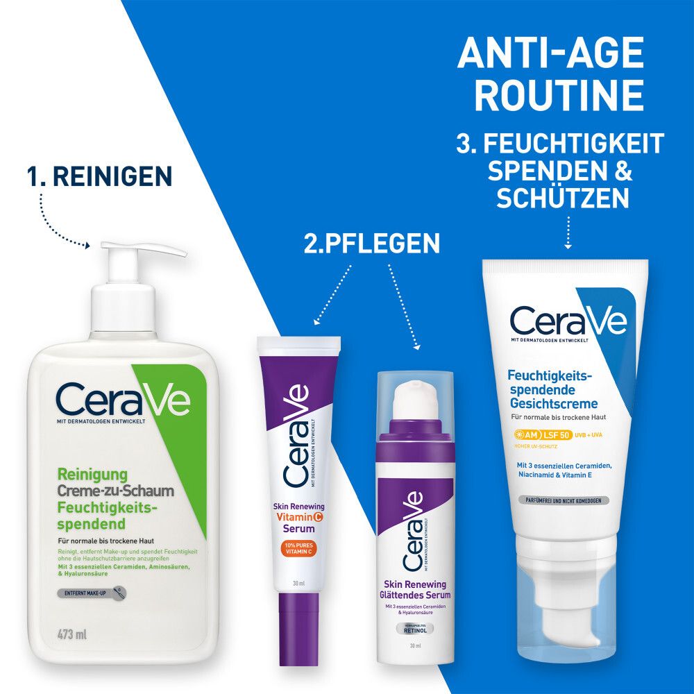Nettoyer, Soigner, Hydrater. Produits CeraVe : mousse nettoyante, sérum, hydratant.