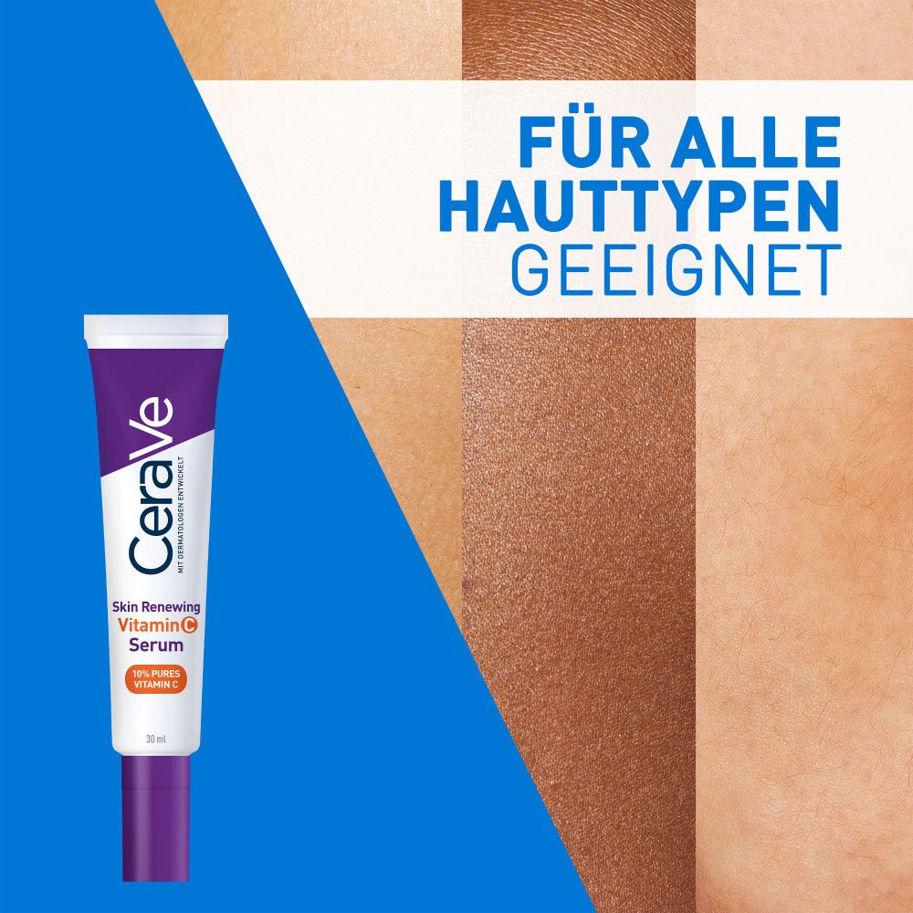 Tube CeraVe Skin Renewing Vitamin C Serum à côté de types de peau. Convient à tous les types de peau.