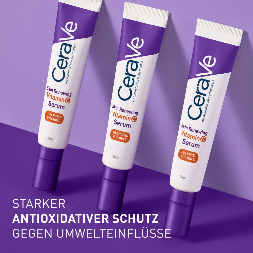 Trois tubes CeraVe Skin Renewing Vitamin C Serum. Forte protection antioxydante contre les agressions.