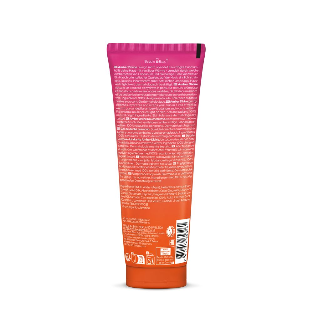 Arrière de la crème de douche Weleda Amber Divine Édition Limitée avec liste des ingrédients.