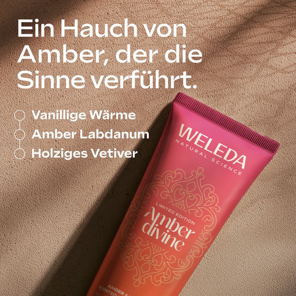 Crème de douche Weleda Amber Divine Édition Limitée, notes de parfum : Vanille, Ambre Labdanum, Vétiver.