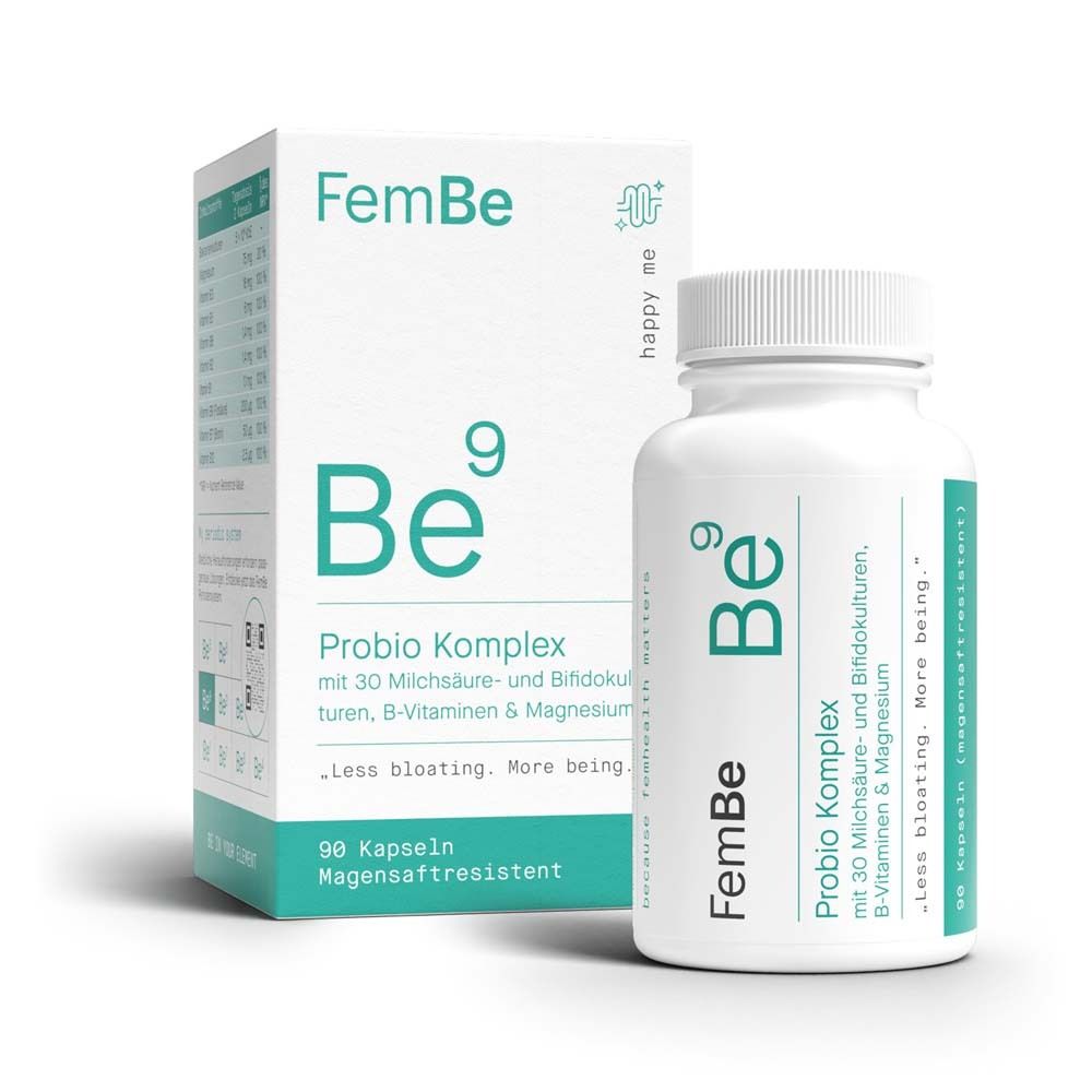 FemBe9 Probio Komplex. Flacon et boîte blancs. 90 gélules. Contient cultures lactiques, vitamines B et magnésium.