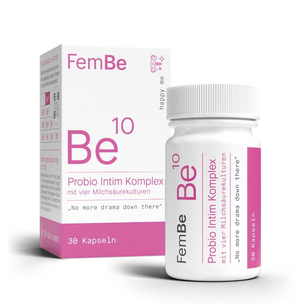 Weiße Flasche und Schachtel mit rosa Akzenten. Aufschrift: FemBe 10 Probio Intim Komplex. 30 Kapseln.