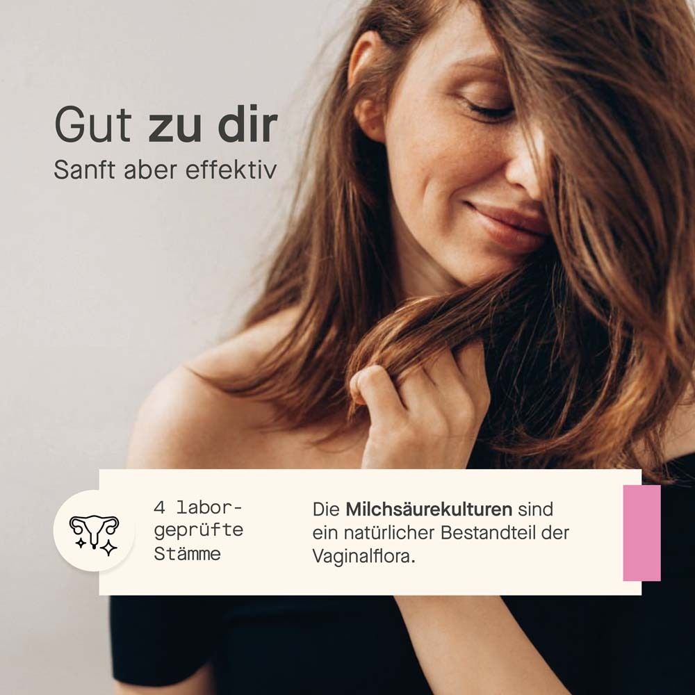 Frau mit Haaren. Text: 4 geprüfte Stämme. Milchsäurekulturen sind ein natürlicher Bestandteil der Vaginalflora.