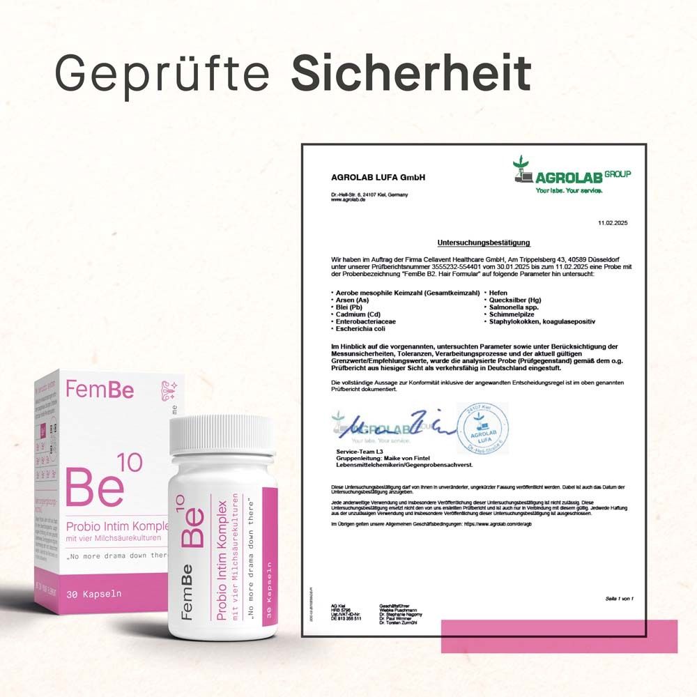 Zertifizierungsdokument. Flasche mit Produkt. Text: FemBe 10 Probio Intim Komplex. 30 Kapseln.
