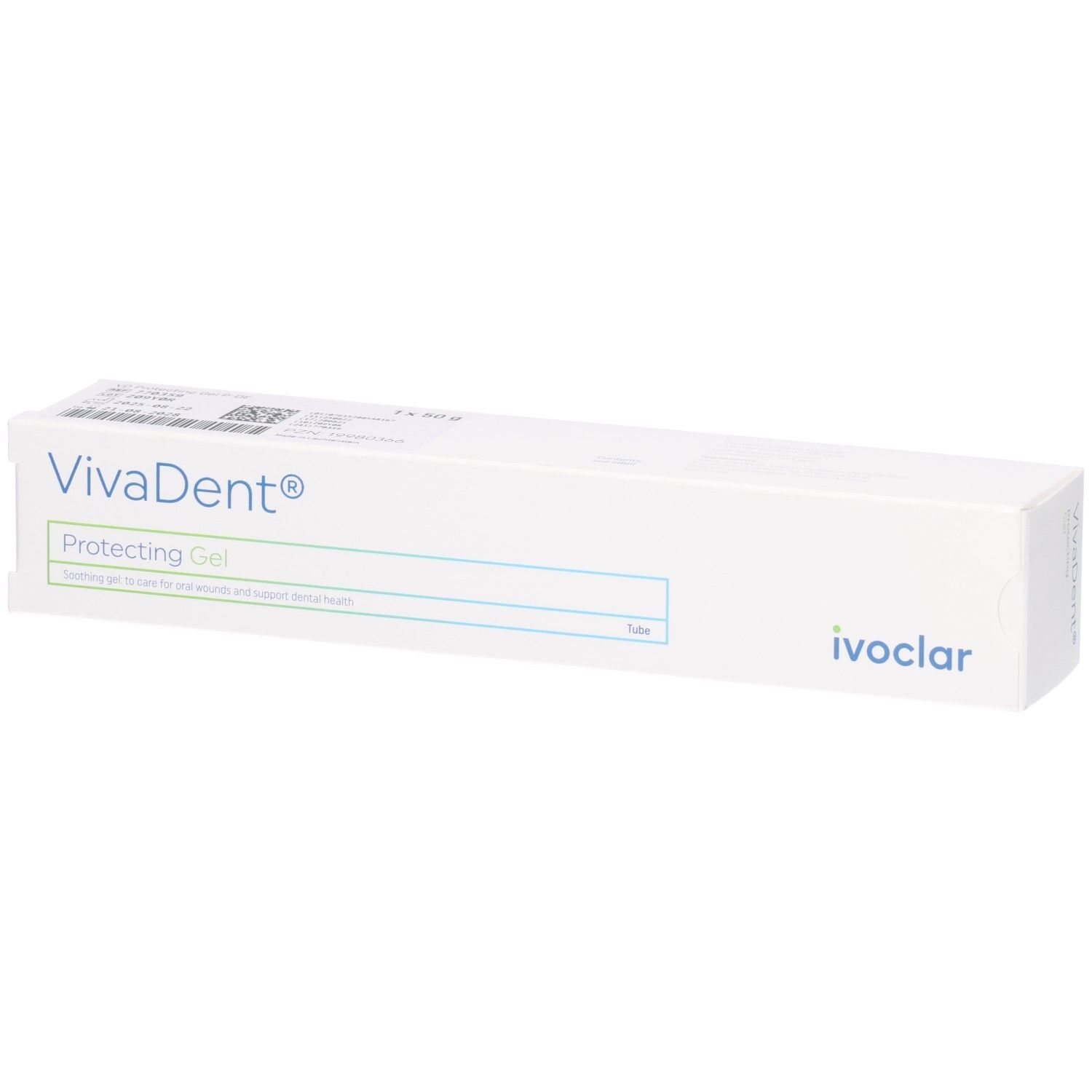 VivaDent® Protecting Gel dans un étui blanc avec des accents bleus et verts. Logo Ivoclar.
