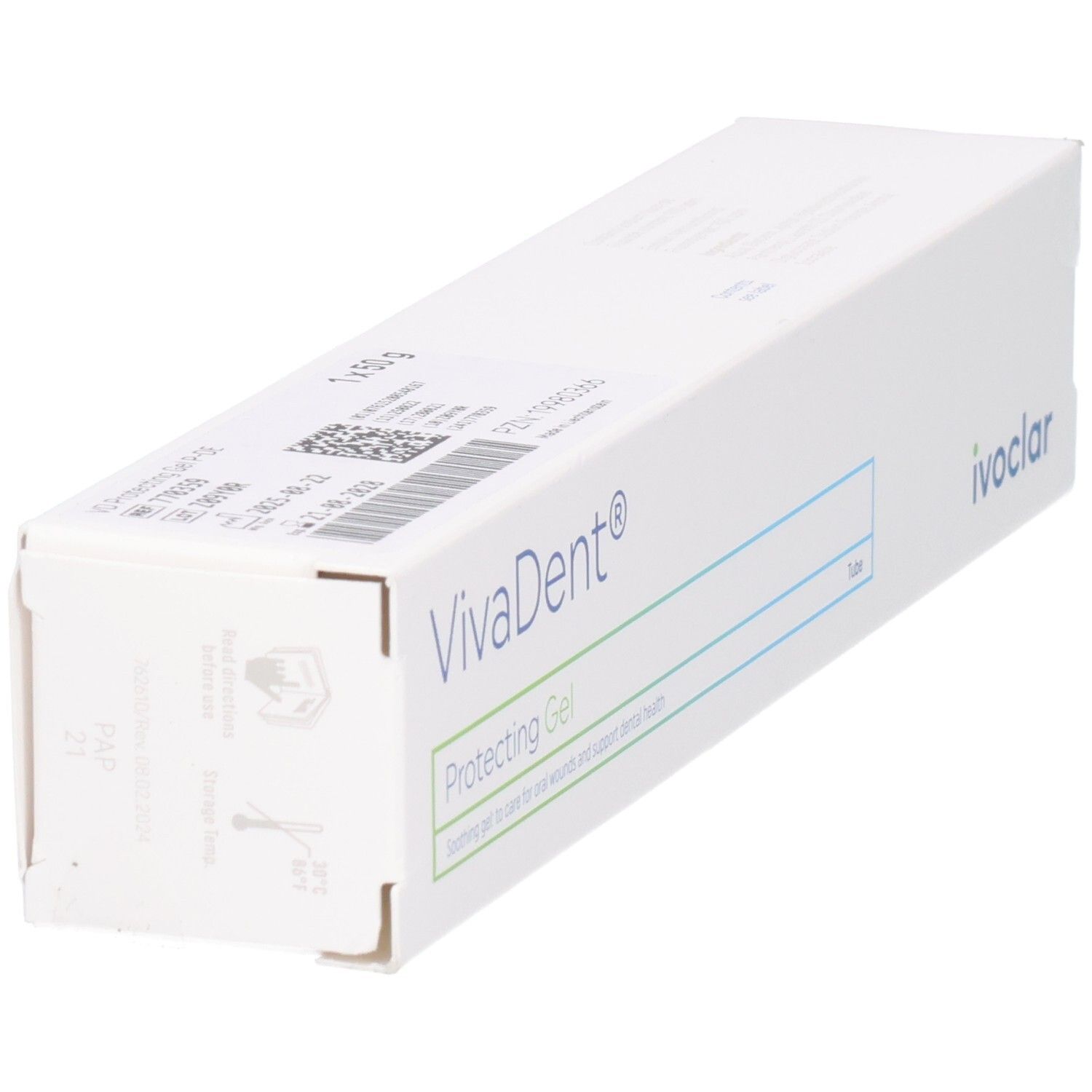 VivaDent® Protecting Gel, vue latérale de l'étui blanc avec informations produit et logo Ivoclar.