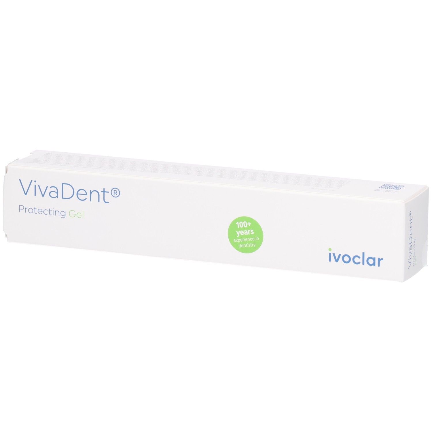 VivaDent® Protecting Gel dans un étui blanc. Cercle vert "100+ years". Logo Ivoclar.