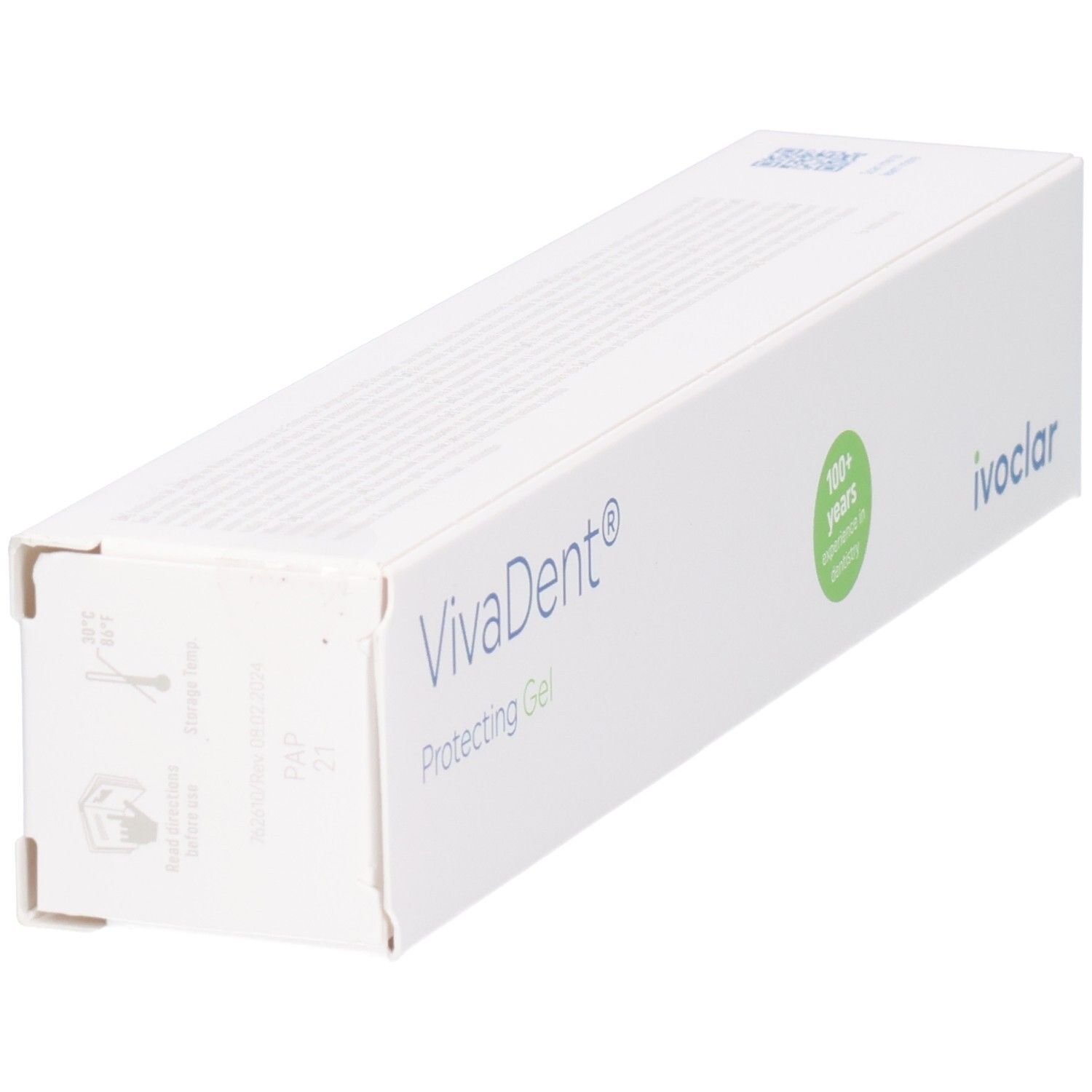 VivaDent® Protecting Gel, vue latérale de l'étui blanc avec sceau "100+ years" et logo Ivoclar.