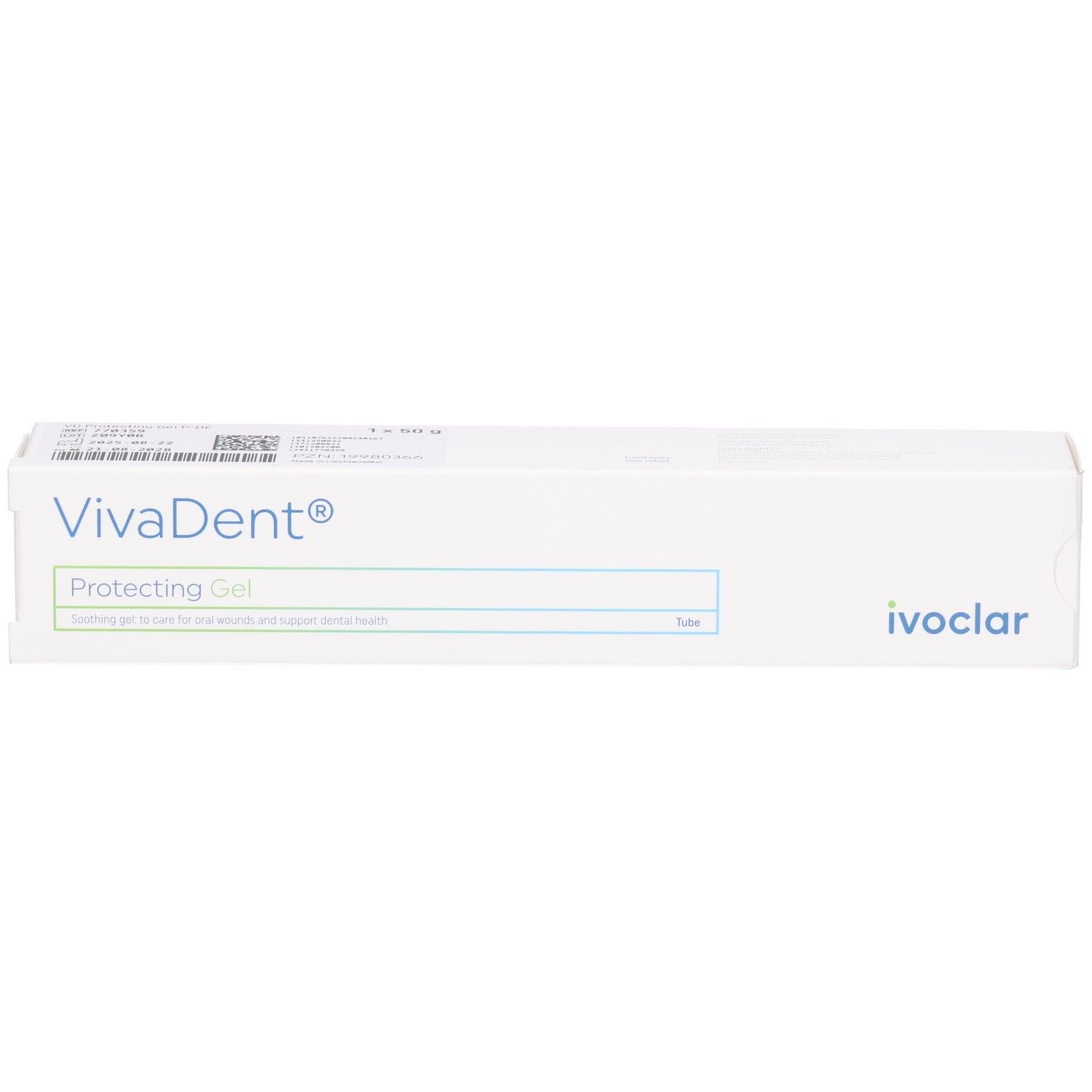VivaDent® Protecting Gel dans un étui blanc. Contient "soothing gel for oral care and support dental health".