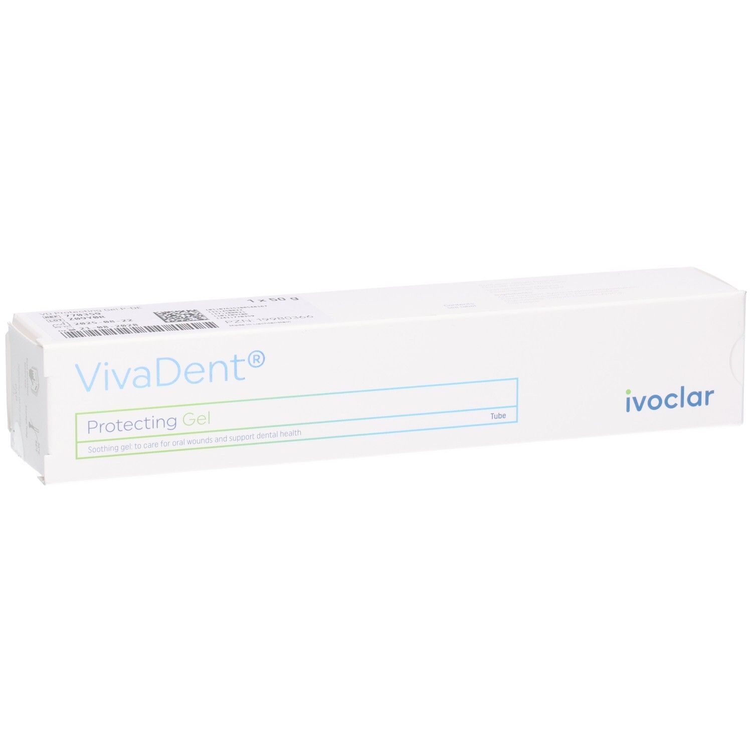 VivaDent® Protecting Gel dans un étui blanc, légèrement en biais. Logo Ivoclar et nom du produit.