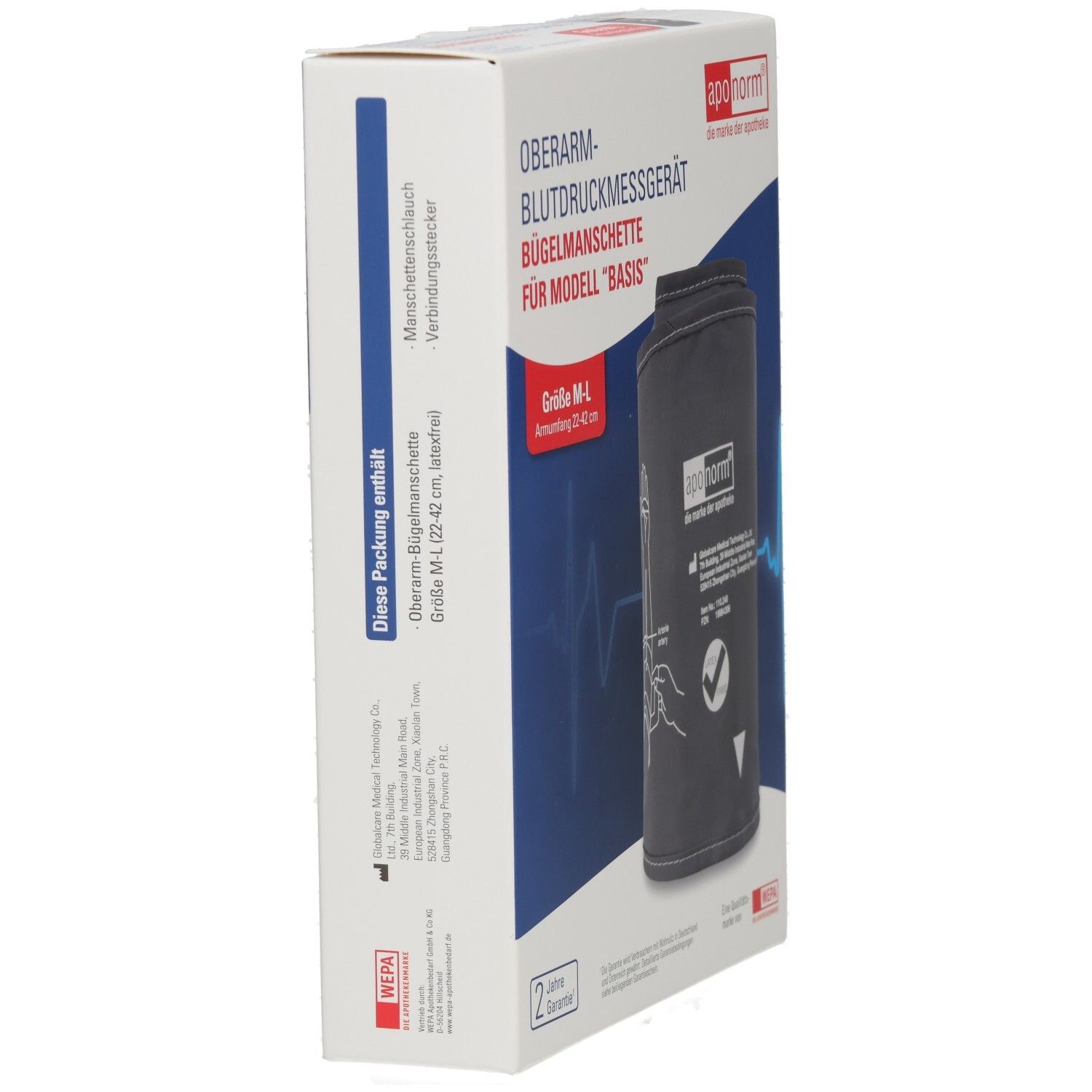 Seitenansicht der Verpackung für eine aponorm® Oberarm-Blutdruckmanschette, Größe M-L.