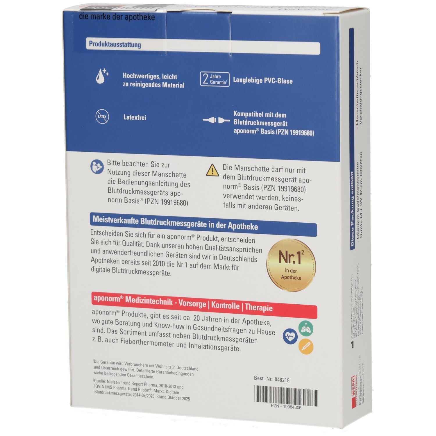 Rückseite der Verpackung für eine aponorm® Oberarm-Blutdruckmanschette, Größe M-L.