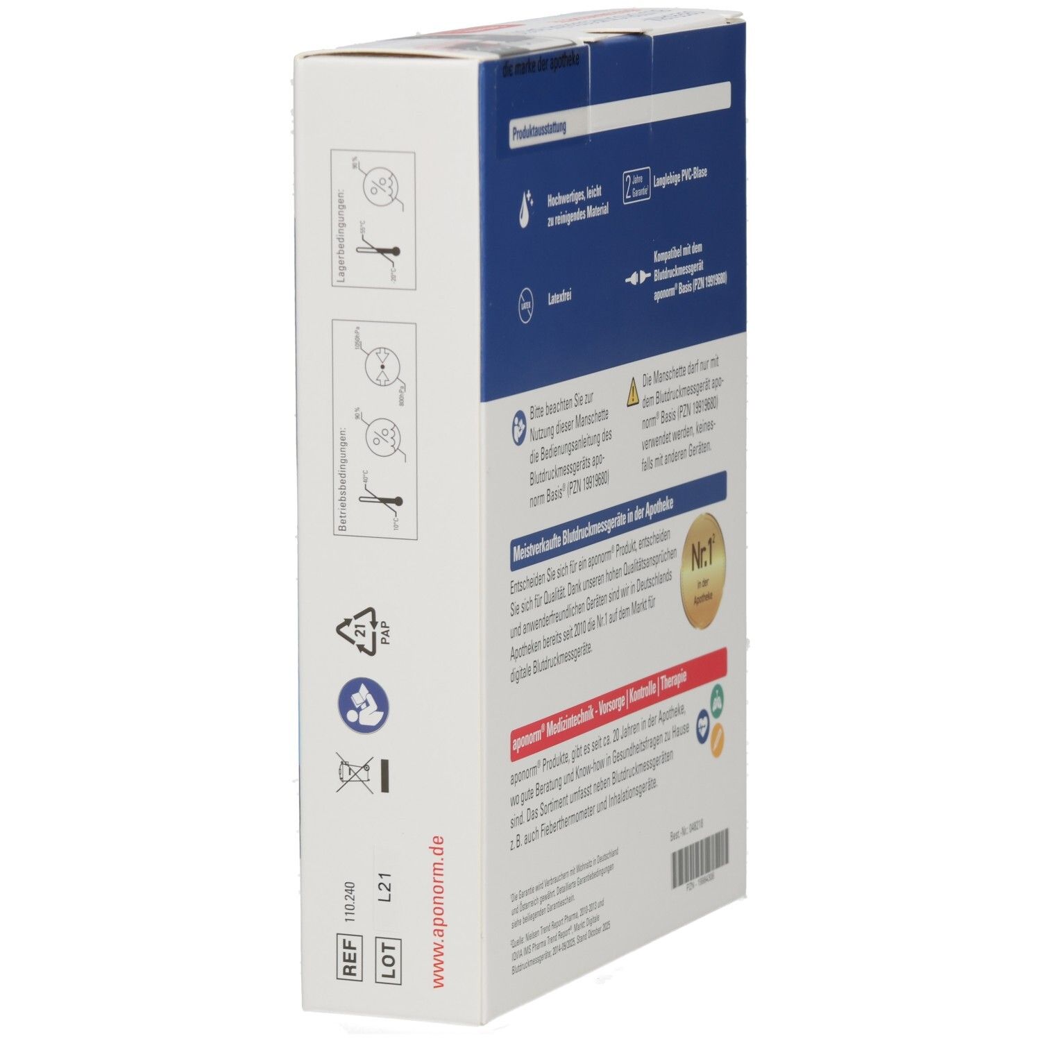 Seitenansicht der Verpackung mit Anwendungshinweisen für eine aponorm® Oberarm-Blutdruckmanschette.