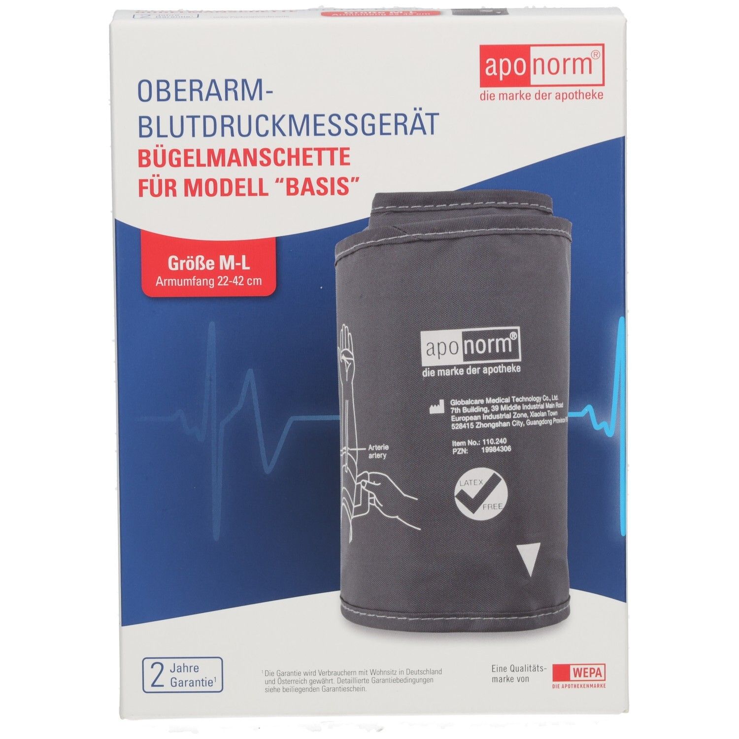 Vorderseite der Verpackung für eine aponorm® Oberarm-Blutdruckmanschette, Größe M-L.