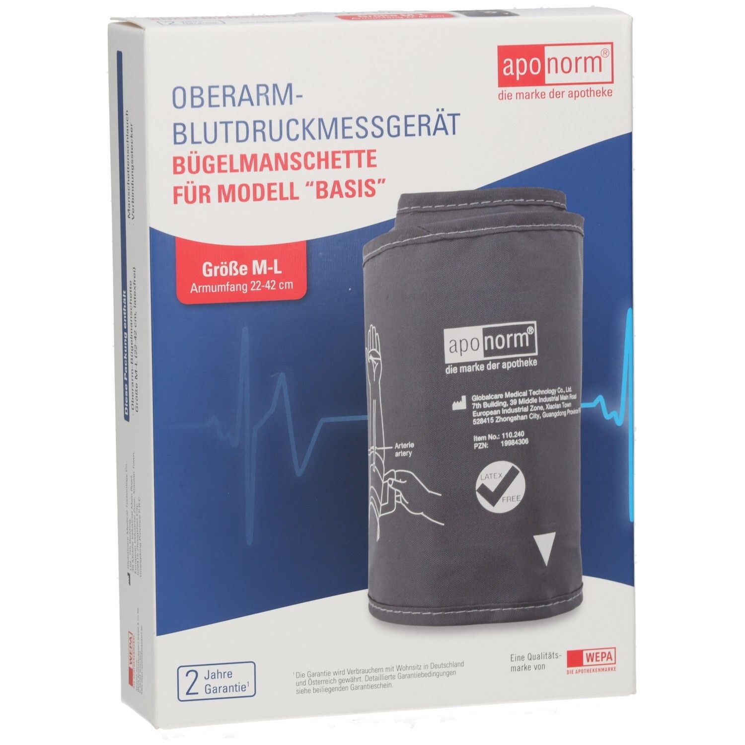 Vorderseite der Verpackung für eine aponorm® Oberarm-Blutdruckmanschette, Größe M-L.