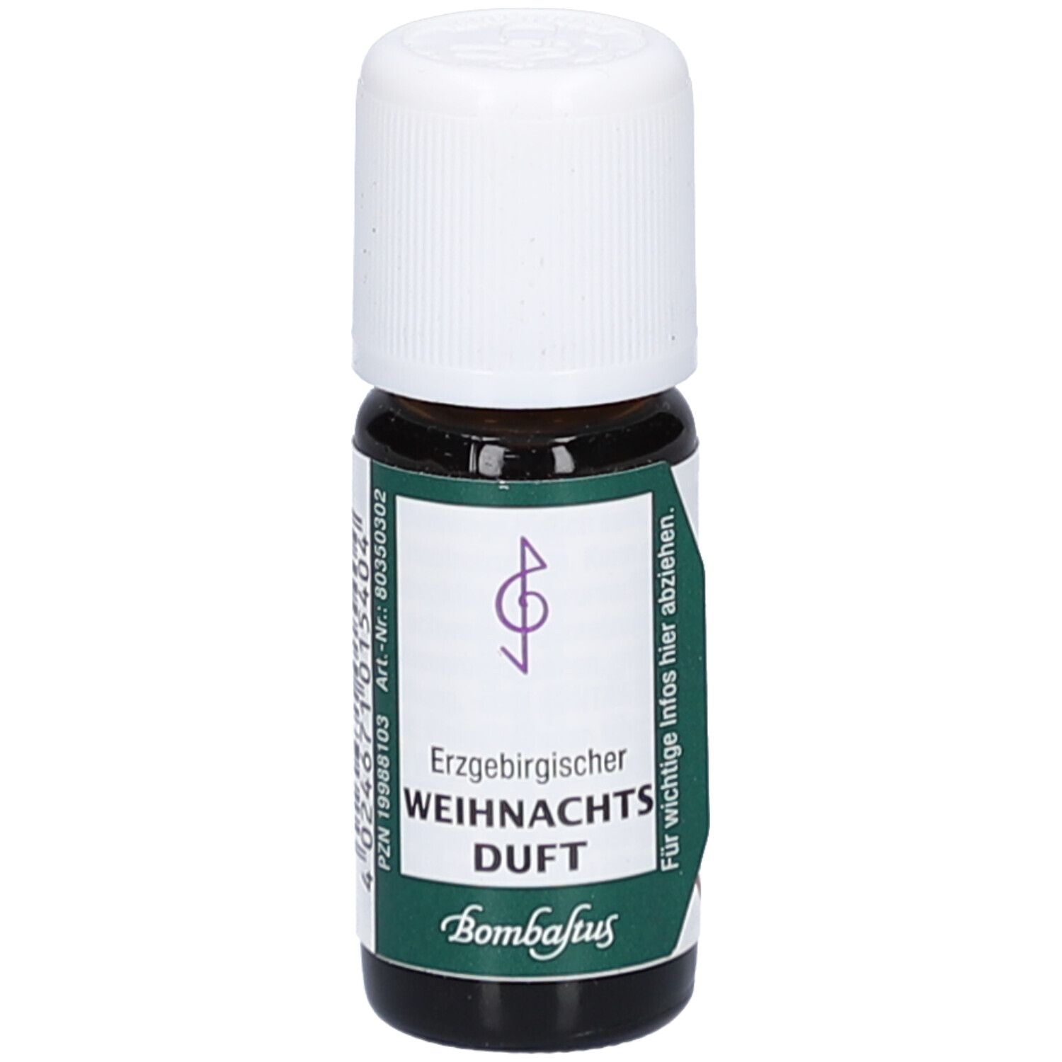 Braune Glasflasche mit weißem Deckel. Etikett mit Produktname und Logo. Erzgebirgischer Weihnachtsduft.