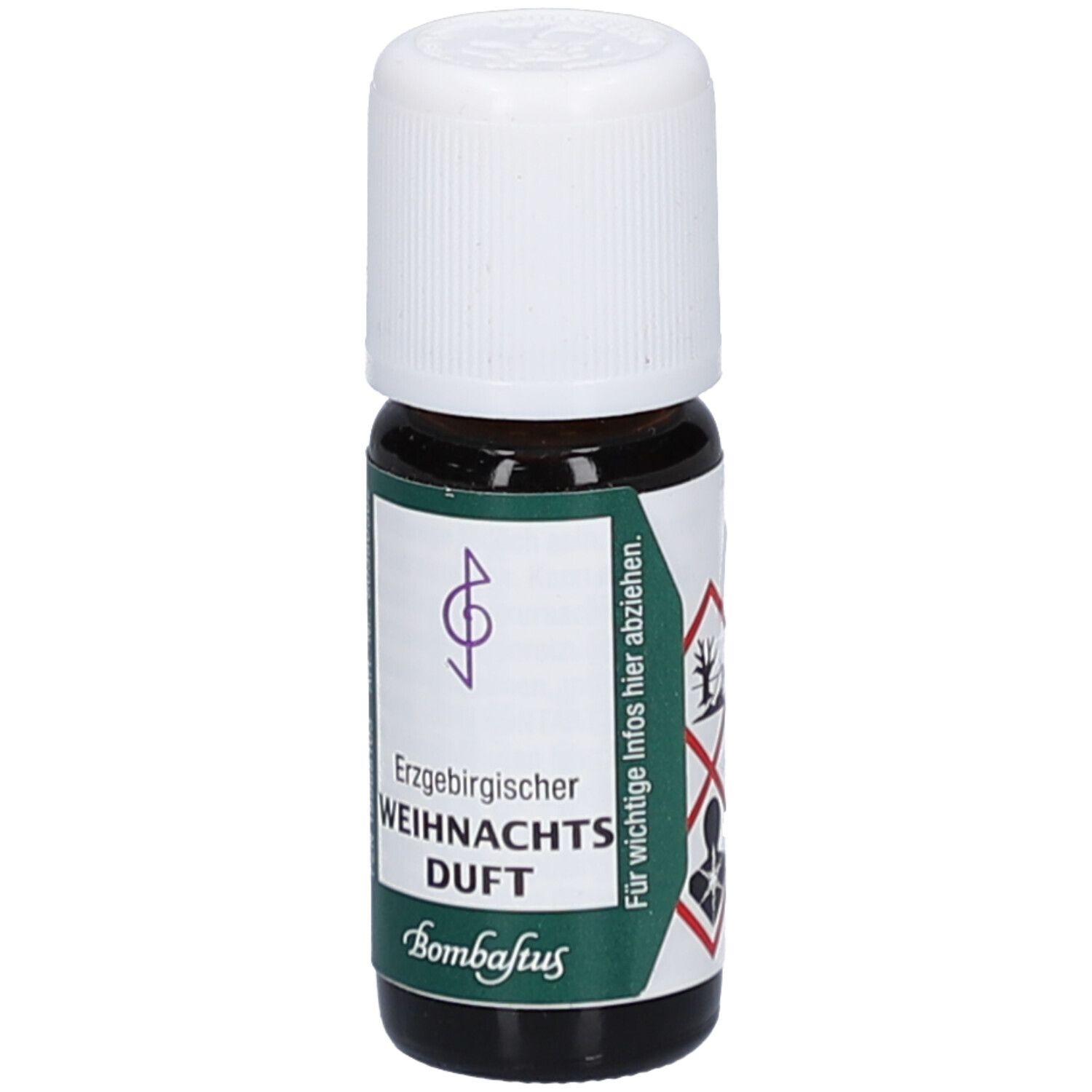 Braune Glasflasche mit weißem Deckel. Etikett mit Produktname und Logo. Erzgebirgischer Weihnachtsduft. Gefahrensymbole.