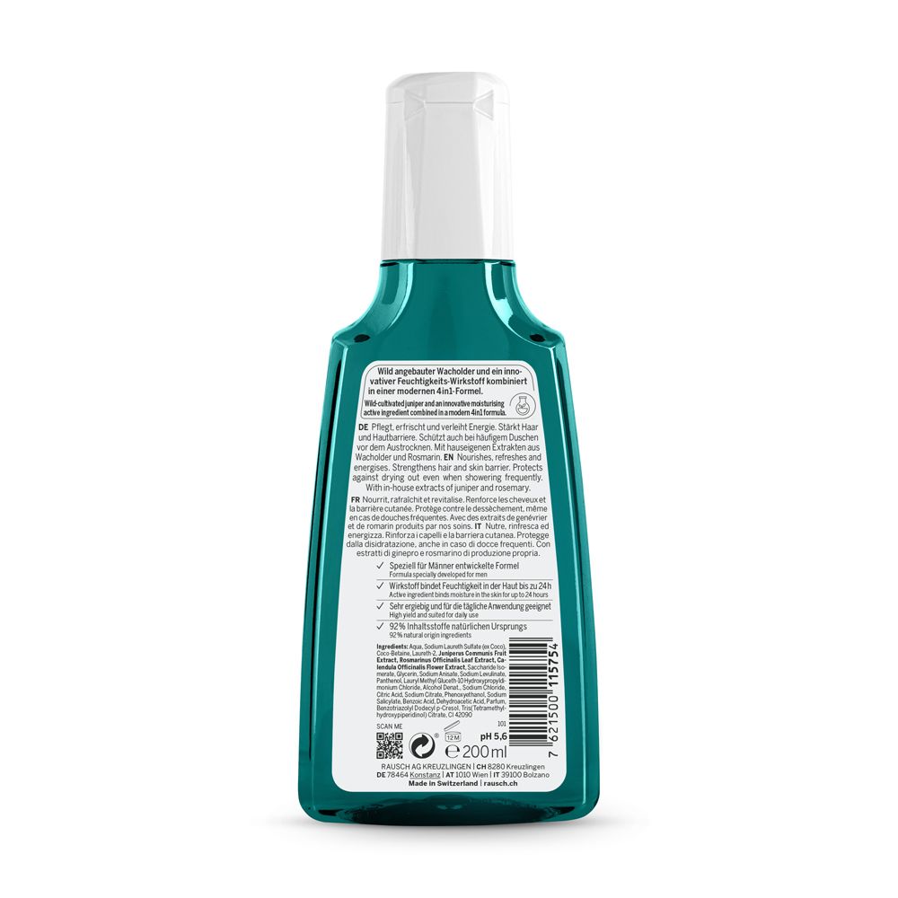 Dos du flacon de shampooing RAUSCH vert. Texte avec informations sur le produit. Contient du genévrier. pH 5,5. 200ml. Swiss Herbal Cosmetics.