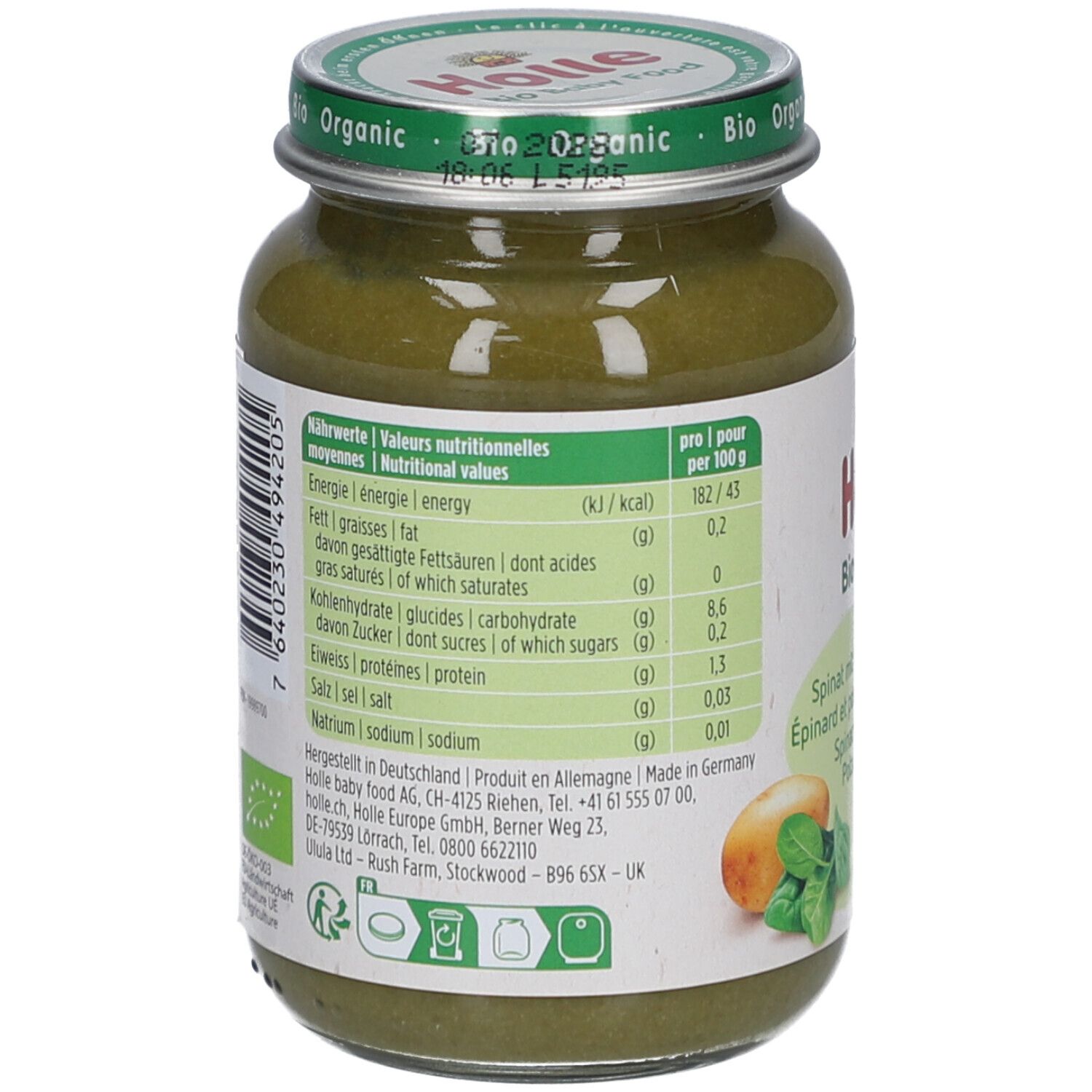 Dos du pot Holle Bio-Organic Épinards et pommes de terre. Tableau nutritionnel en allemand et français.