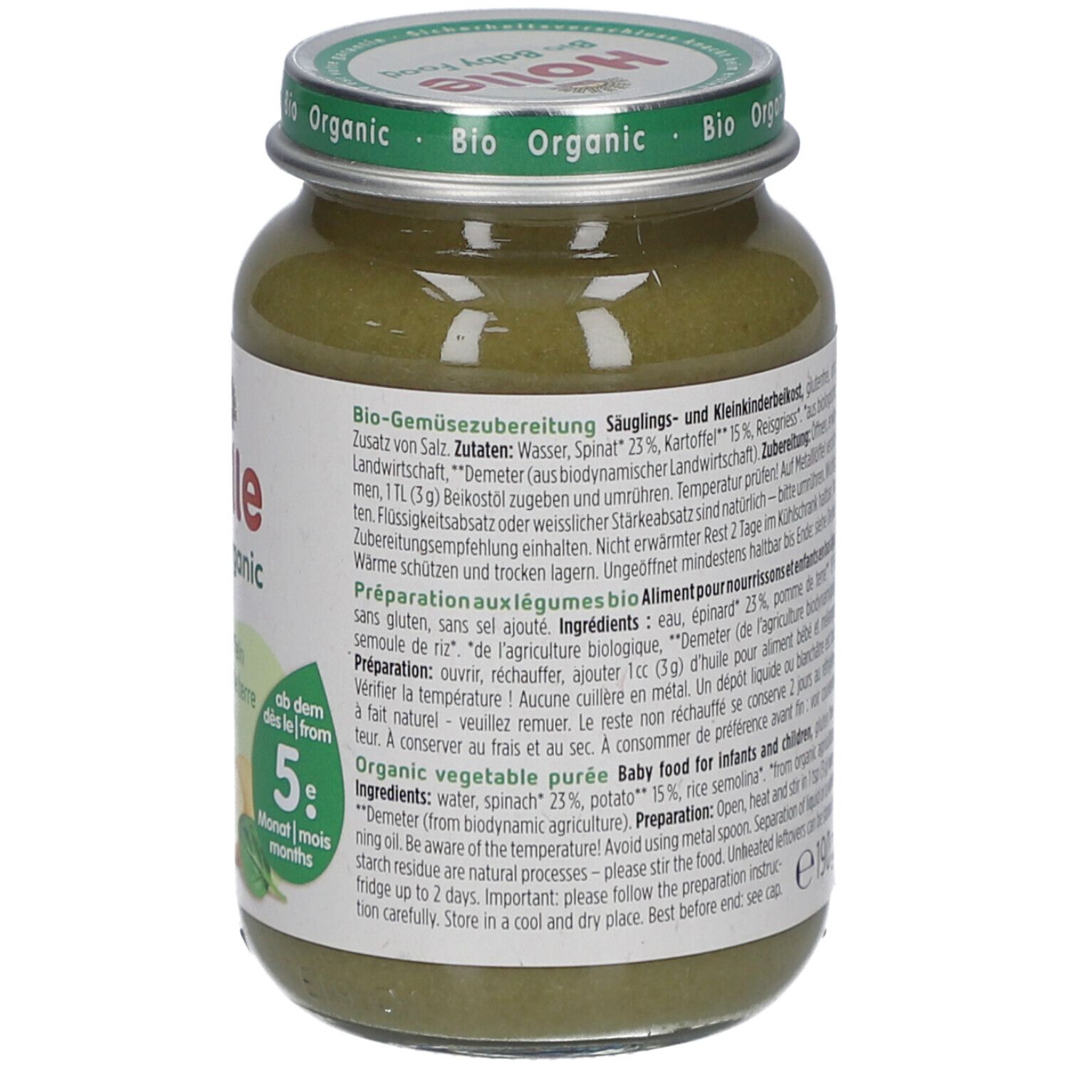 Dos du pot Holle Bio-Organic Épinards et pommes de terre. Liste des ingrédients et instructions de préparation.
