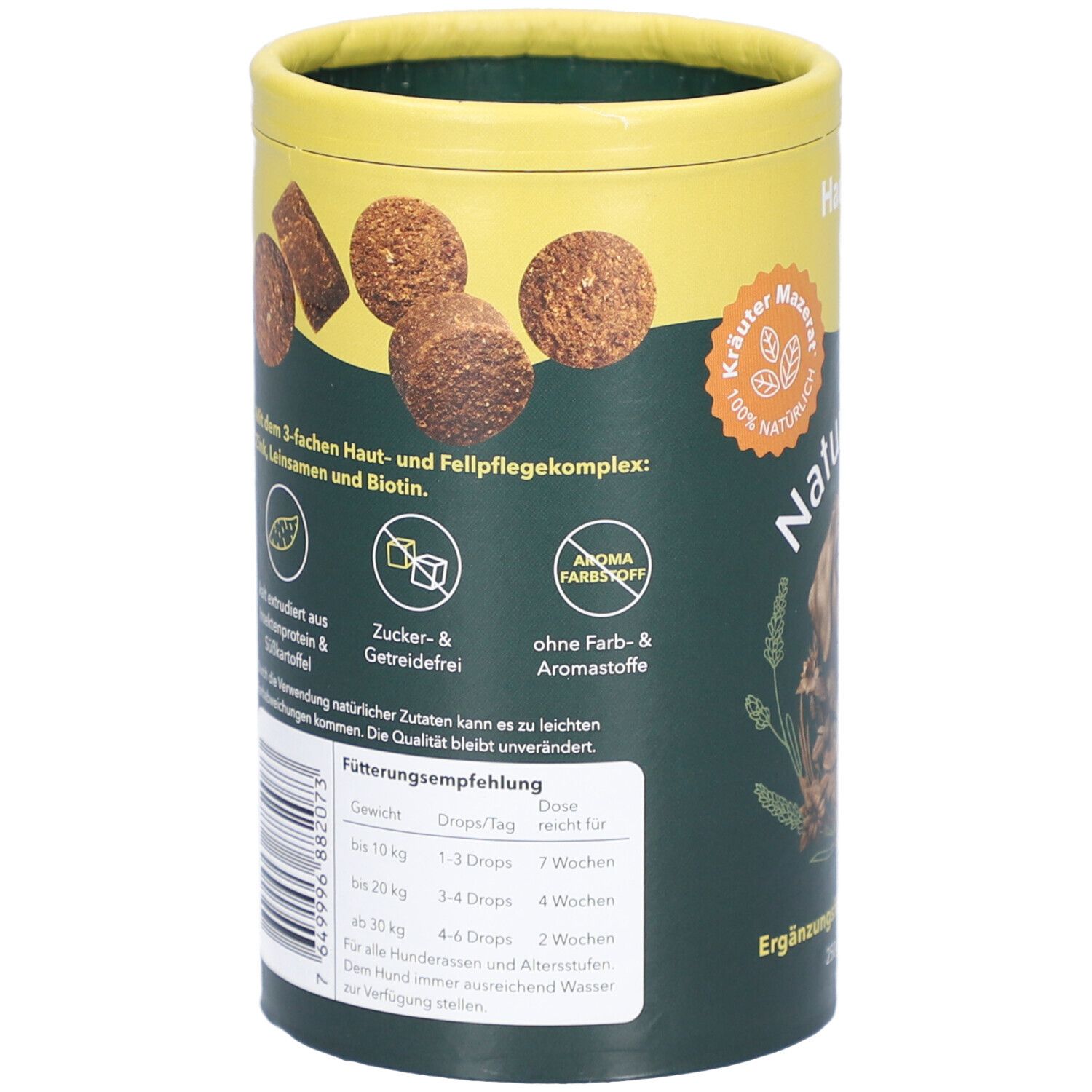 Zylindrische Dose, Rückseite. Oben gelb, unten grün. Aufdruck: Produktinformationen, 3-fach Haut- & Fellpflegekomplex, Zuckerfrei, ohne Farb- & Aromastoffe.