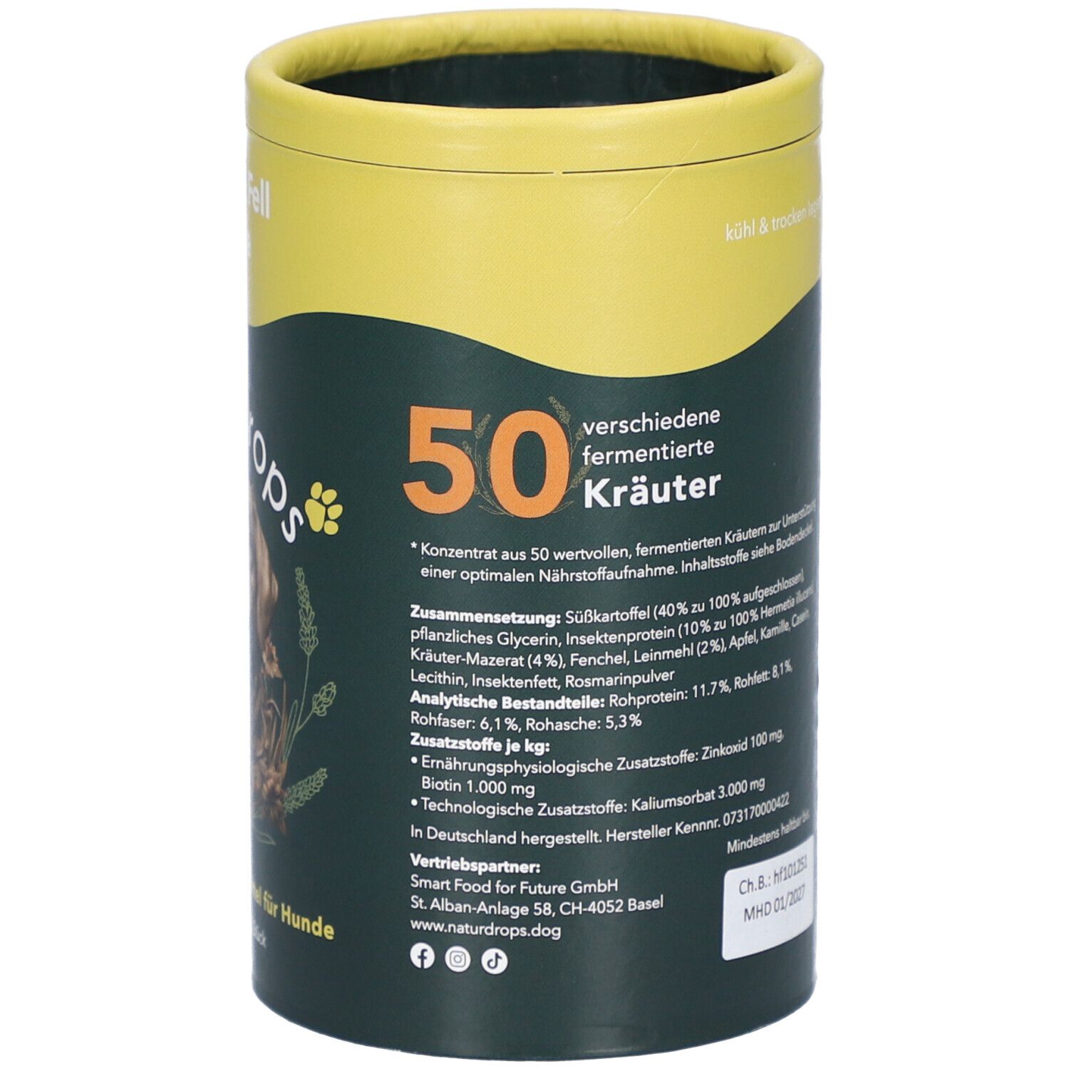 Zylindrische Dose, Rückseite. Oben gelb, unten grün. Aufdruck: Produktinformationen, 50, verschiedene fermentierte Kräuter, Inhaltsstoffe, Hersteller.