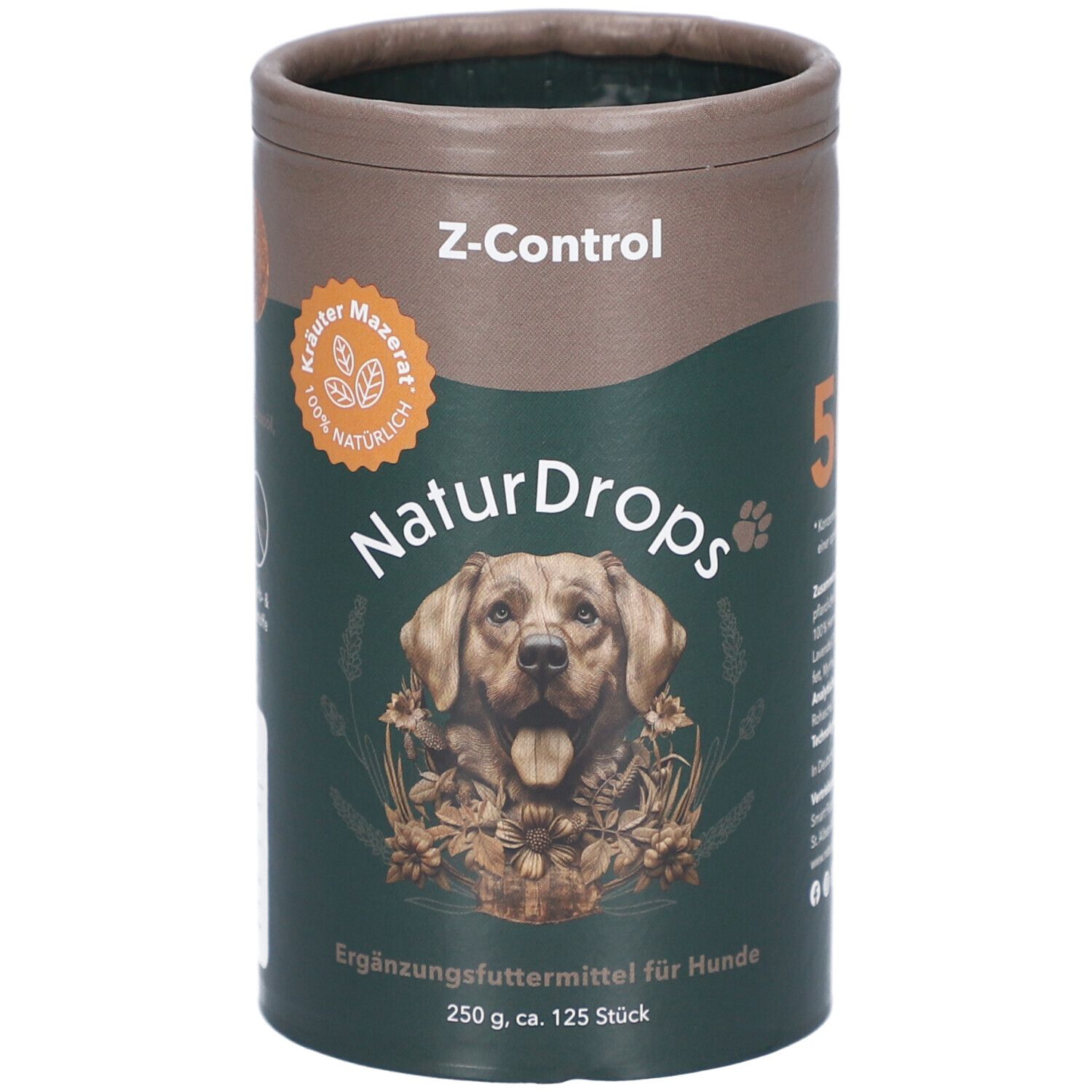 Boîte cylindrique avec impression du produit. Inscription : NaturDrops, Z-Control, complément alimentaire pour chiens. Image d'un chien.
