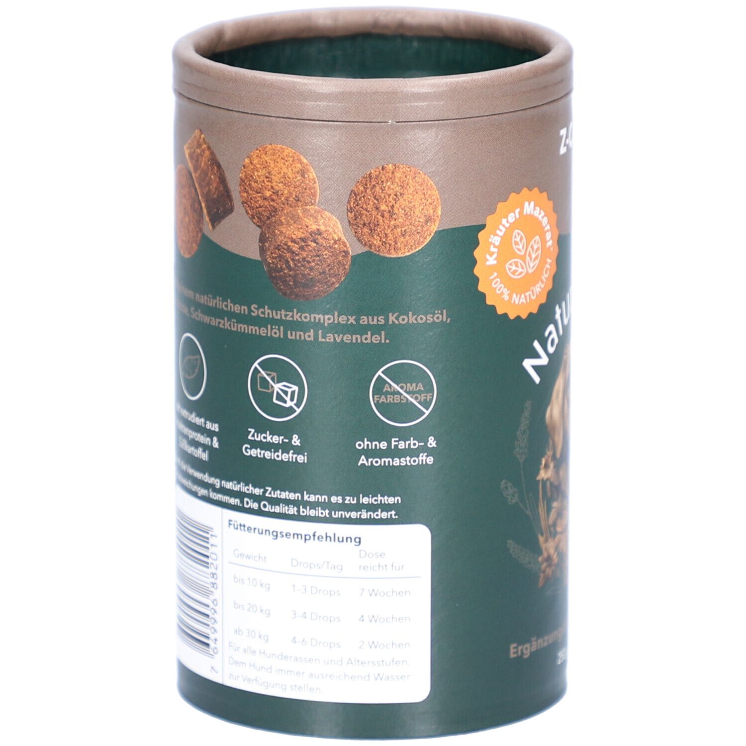 Dos de la boîte. Image de croquettes. Texte : Sans sucre et céréales, sans colorants ni arômes. Recommandations d'alimentation.