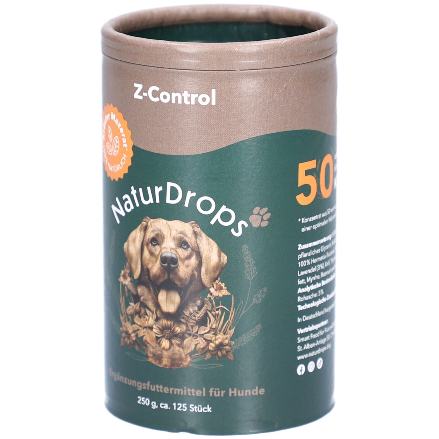 Boîte cylindrique avec impression du produit. Inscription : NaturDrops, Z-Control, complément alimentaire pour chiens. Image d'un chien.