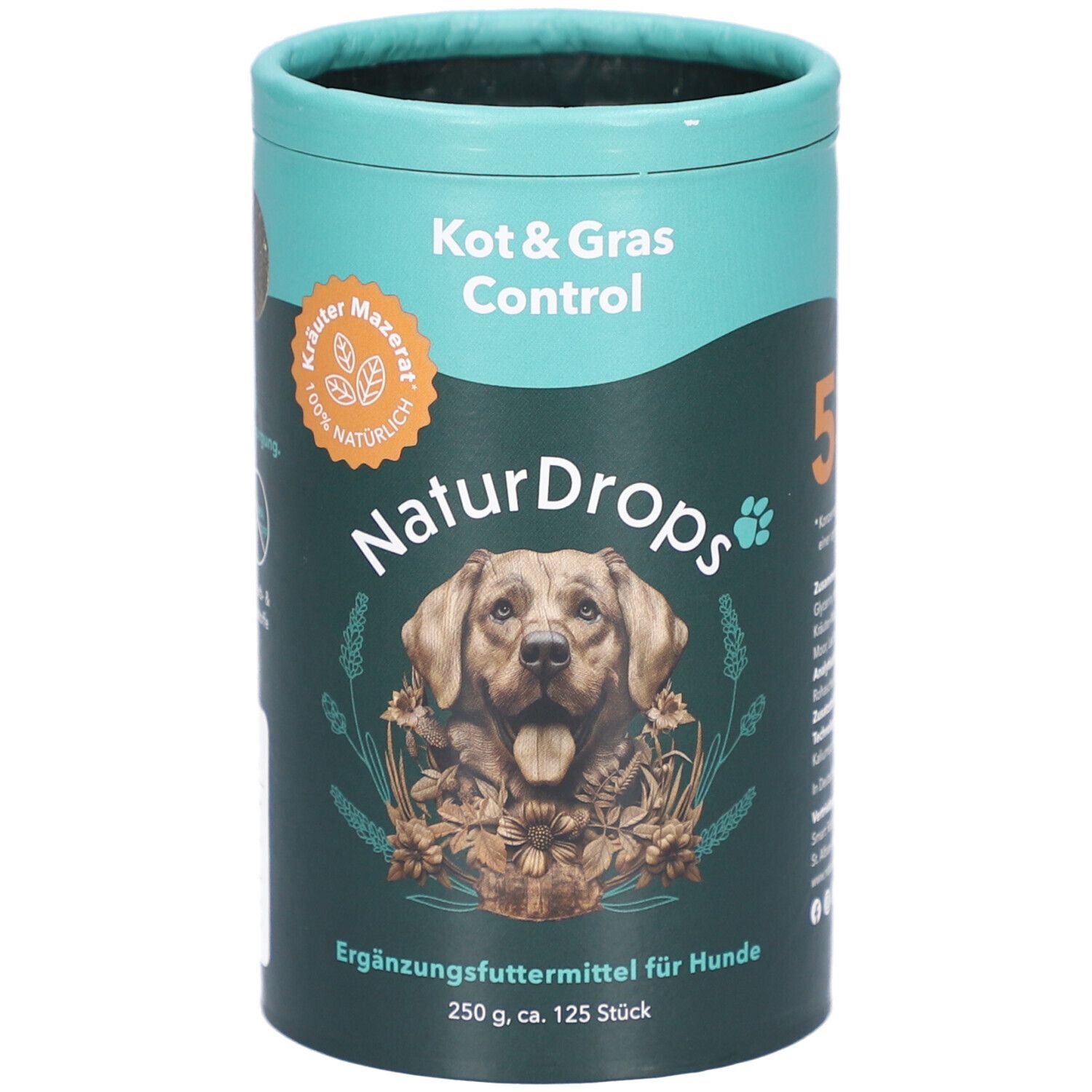 Boîte cylindrique avec image du produit. Inscription : Kot & Gras Control, NaturDrops, complément alimentaire pour chiens. Image d'un chien.