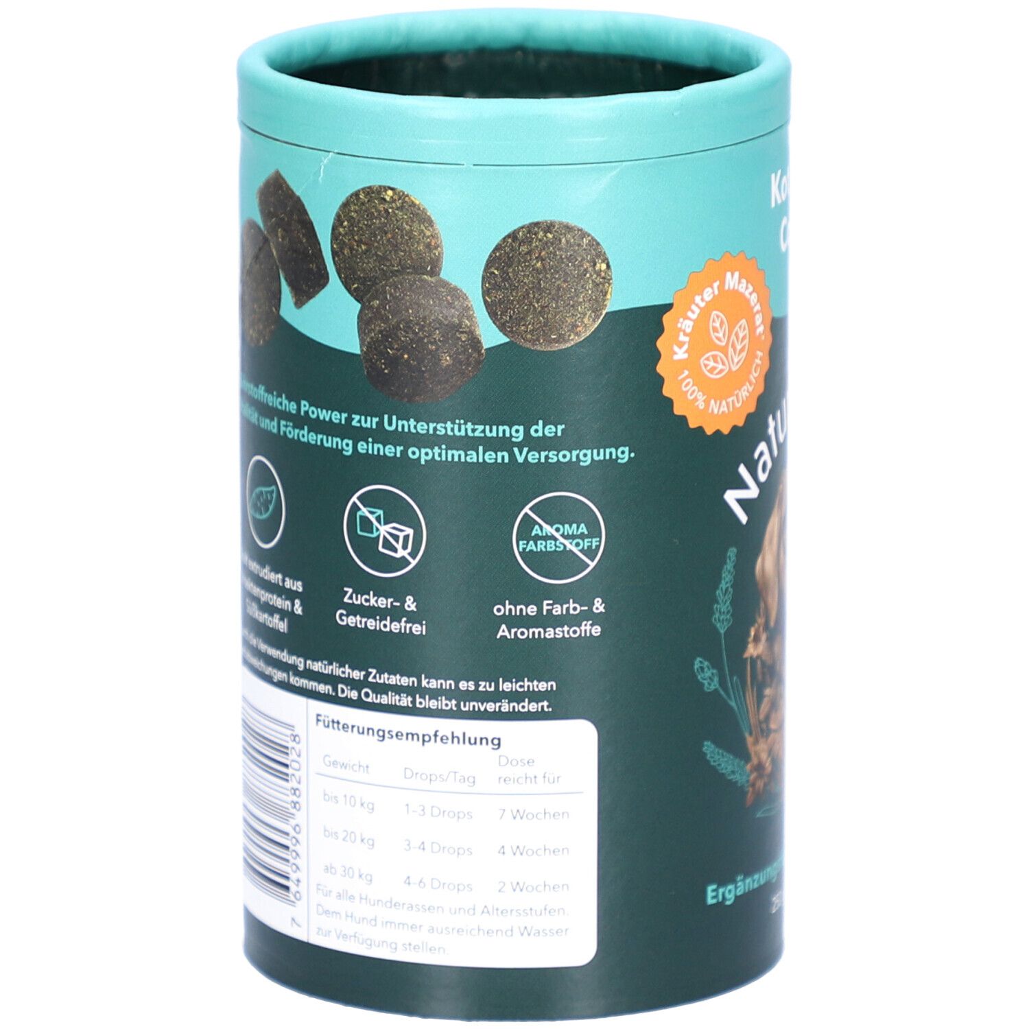 Boîte cylindrique avec informations sur le produit. Inscription : Sans sucre et céréales, sans arômes ni colorants. Image de comprimés.