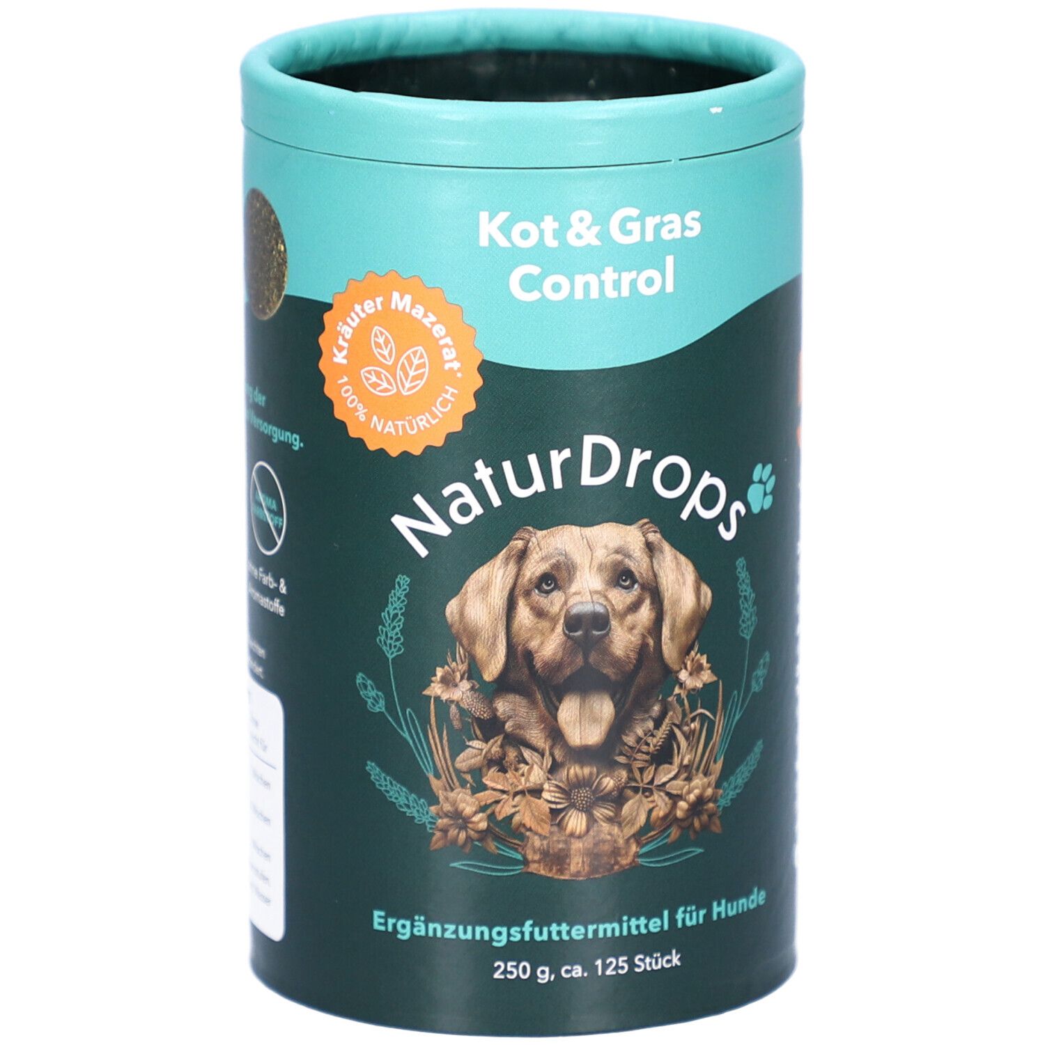 Boîte cylindrique avec image du produit. Inscription : Kot & Gras Control, NaturDrops, complément alimentaire pour chiens. Image d'un chien.