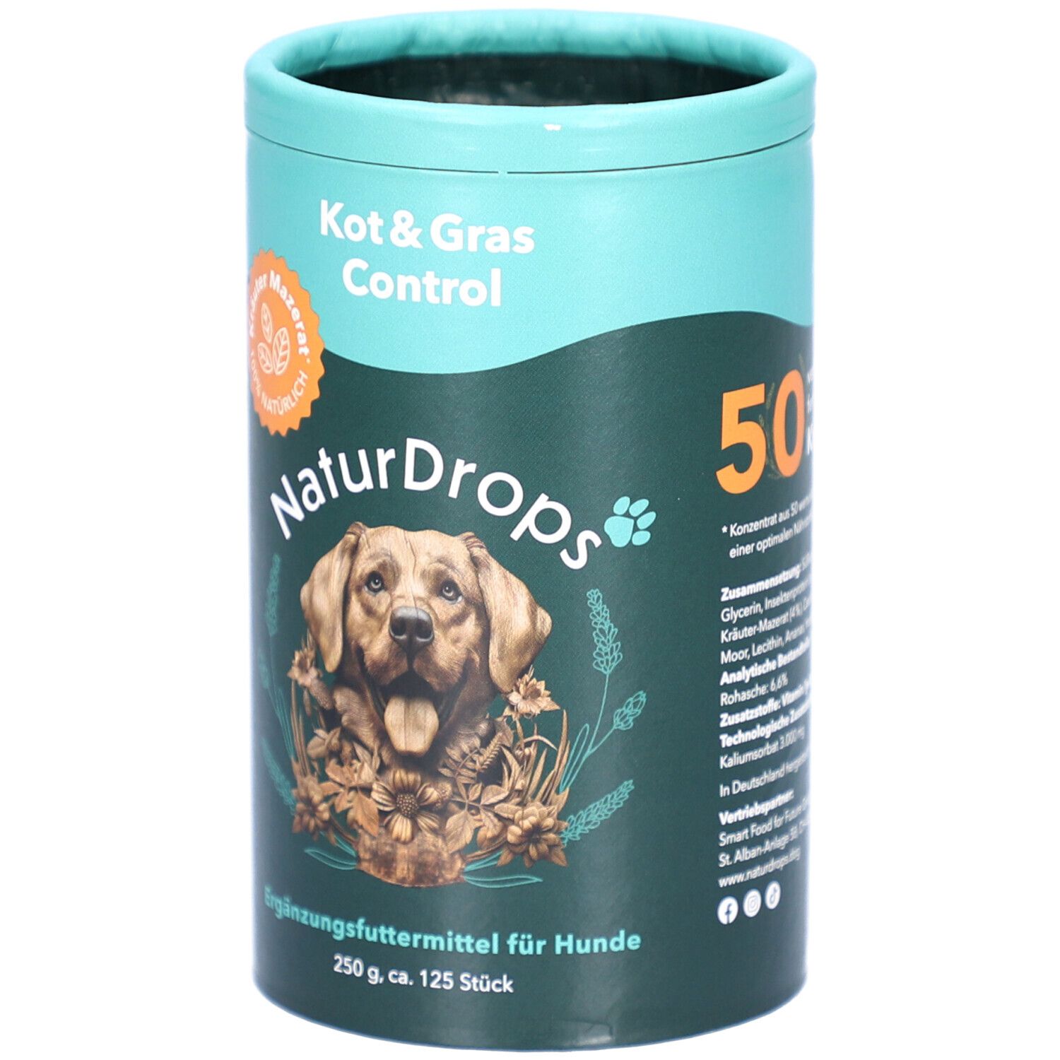 Boîte cylindrique avec image du produit. Inscription : Kot & Gras Control, NaturDrops, complément alimentaire pour chiens. Image d'un chien.