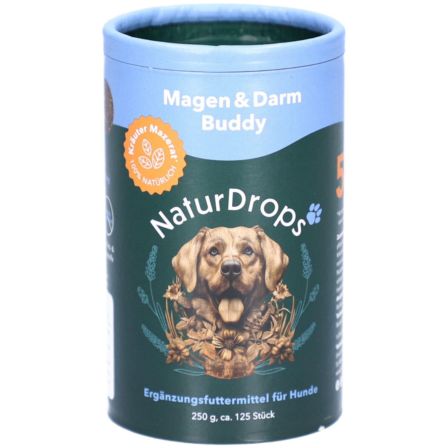 Zylindrische Dose mit Produktaufdruck. Oben blau, unten grün. Aufdruck: Magen & Darm Buddy, NaturDrops, Hund.