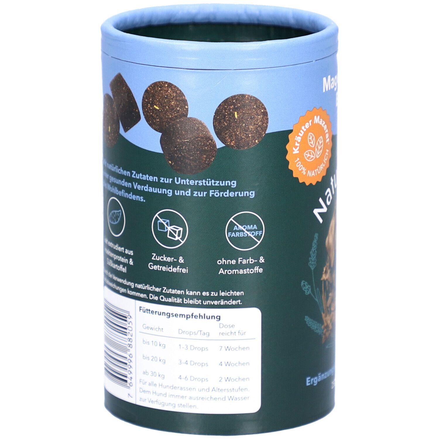 Rückseite der Dose. Text mit Informationen zu Inhaltsstoffen, Fütterungsempfehlung und weiteren Details.