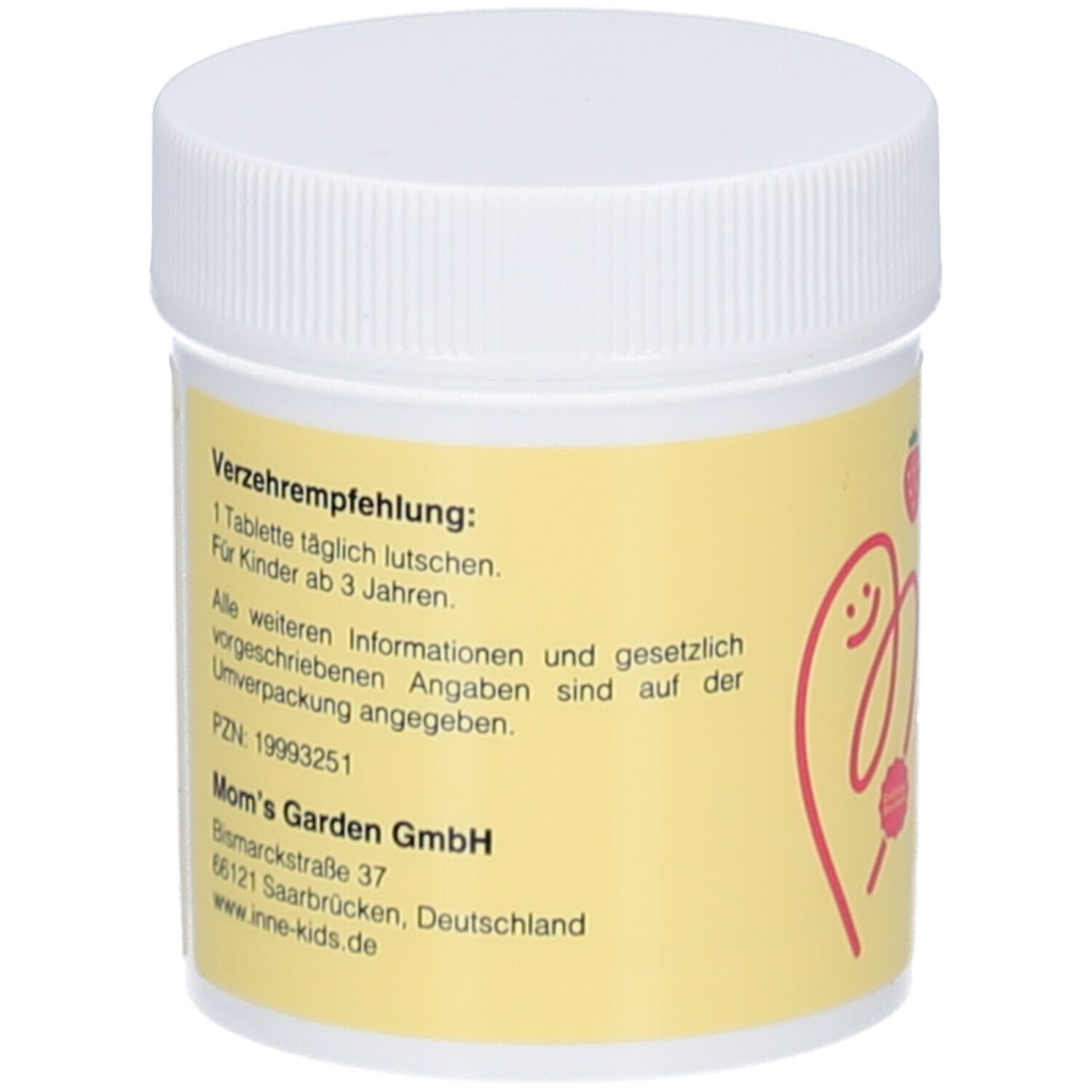 Dos du pot avec étiquette jaune. Texte : Recommandations, ingrédients, PZN, adresse du fabricant. Illustration de fraise.