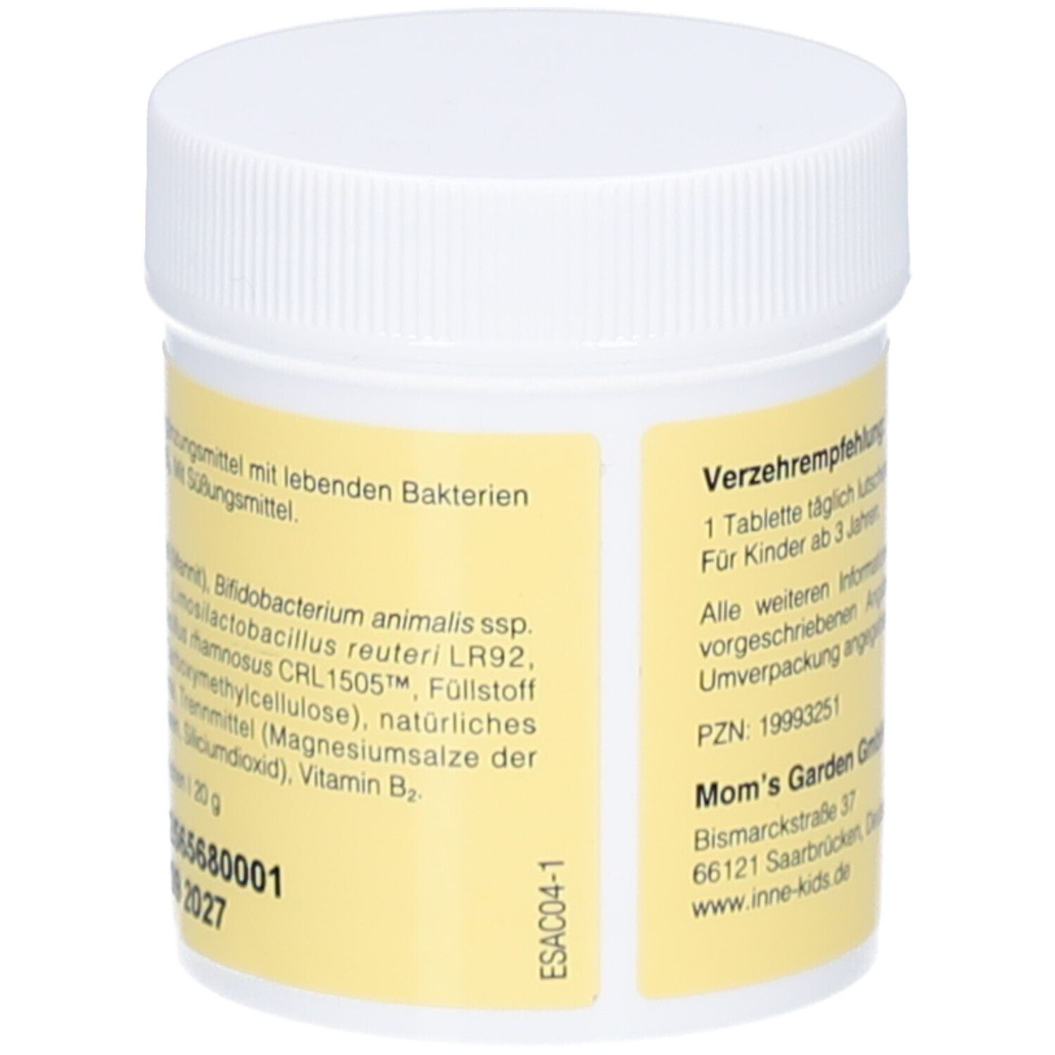 Dos du pot avec étiquette jaune. Texte : ingrédients, adresse du fabricant, date de péremption. Illustration de fraise.