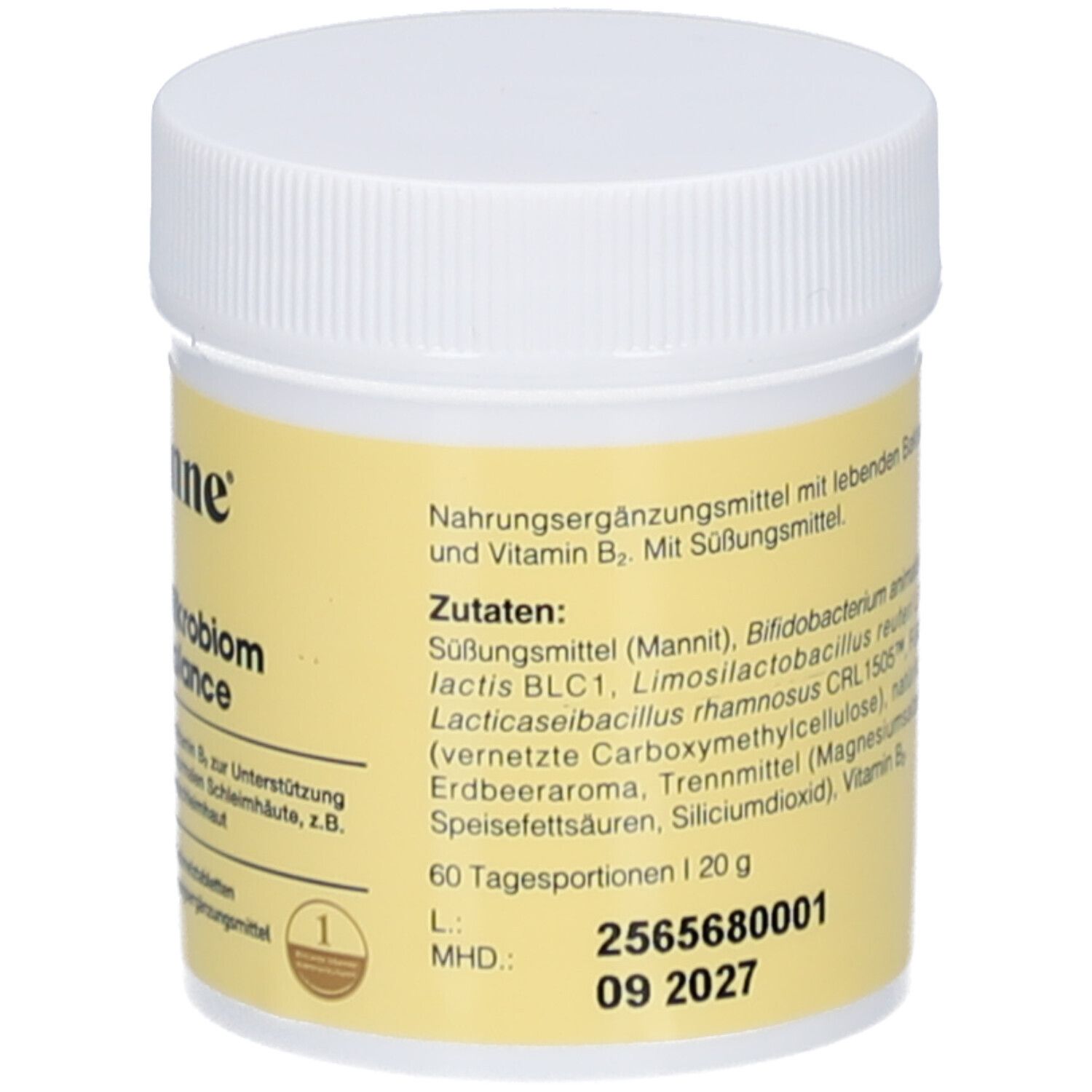 Dos du pot avec étiquette jaune. Texte : ingrédients, date de péremption, 60 portions. Illustration de fraise.