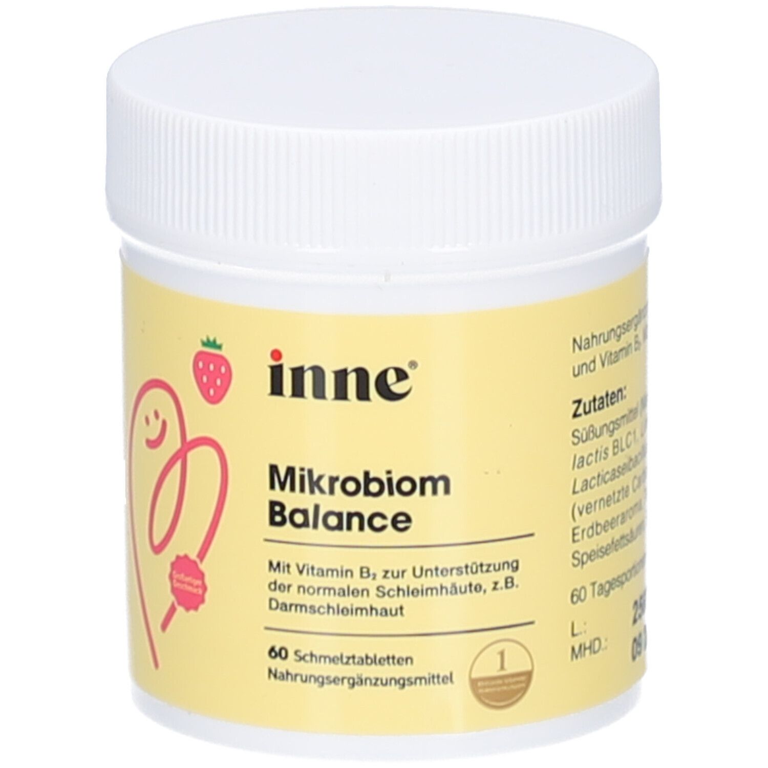 Pot blanc avec étiquette jaune. Inscription : inne, Mikrobiom Balance, 60 comprimés à fondre. Illustration de fraise.