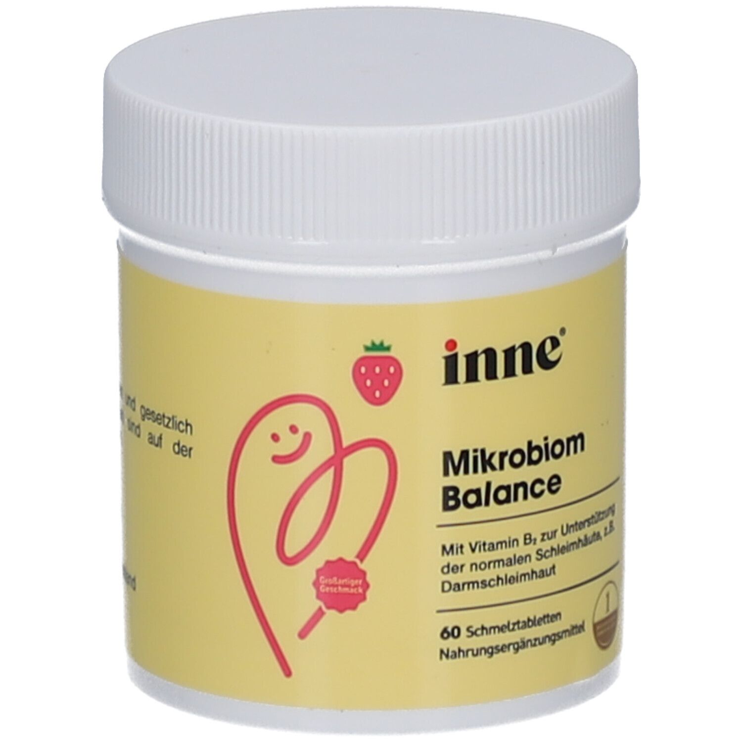 Pot blanc avec étiquette jaune. Inscription : inne, Mikrobiom Balance, 60 comprimés à fondre. Illustration de fraise.
