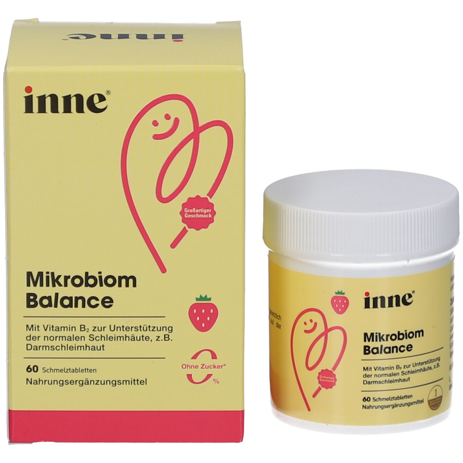Emballage du produit : pot et boîte. Inscription : inne, Mikrobiom Balance, 60 comprimés à fondre. Illustration de fraise. Sans sucre.