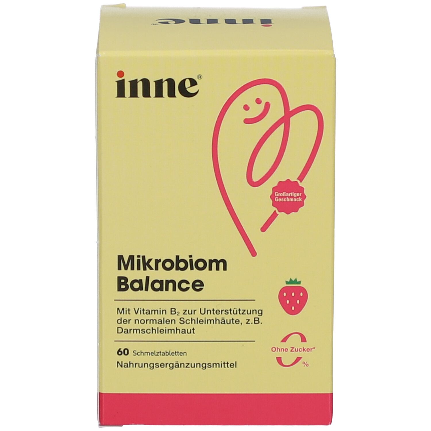 Emballage du produit jaune. Inscription : inne, Mikrobiom Balance, 60 comprimés à fondre. Illustration de fraise. Sans sucre.