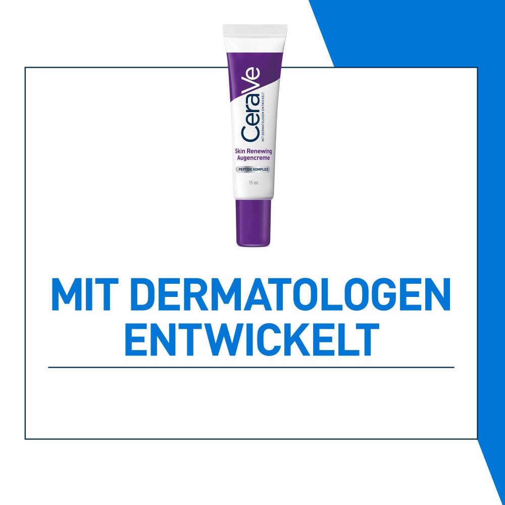 CeraVe Skin Renewing Augencreme Tube. Mit Dermatologen entwickelt. Weißer Hintergrund mit blauem Rahmen.