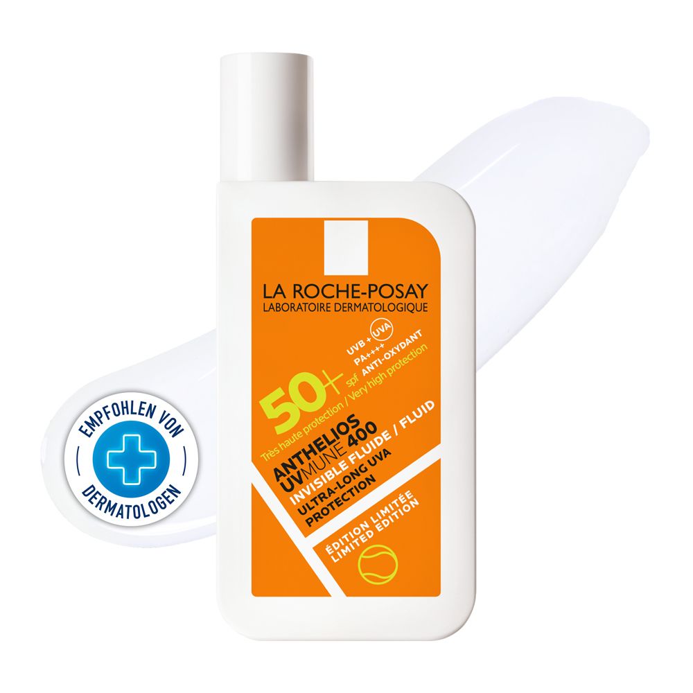 La Roche-Posay Anthelios UVMune 400 Fluid LSF 50+. Weiße Flasche mit orangefarbenem Etikett. Dermatologen empfohlen.