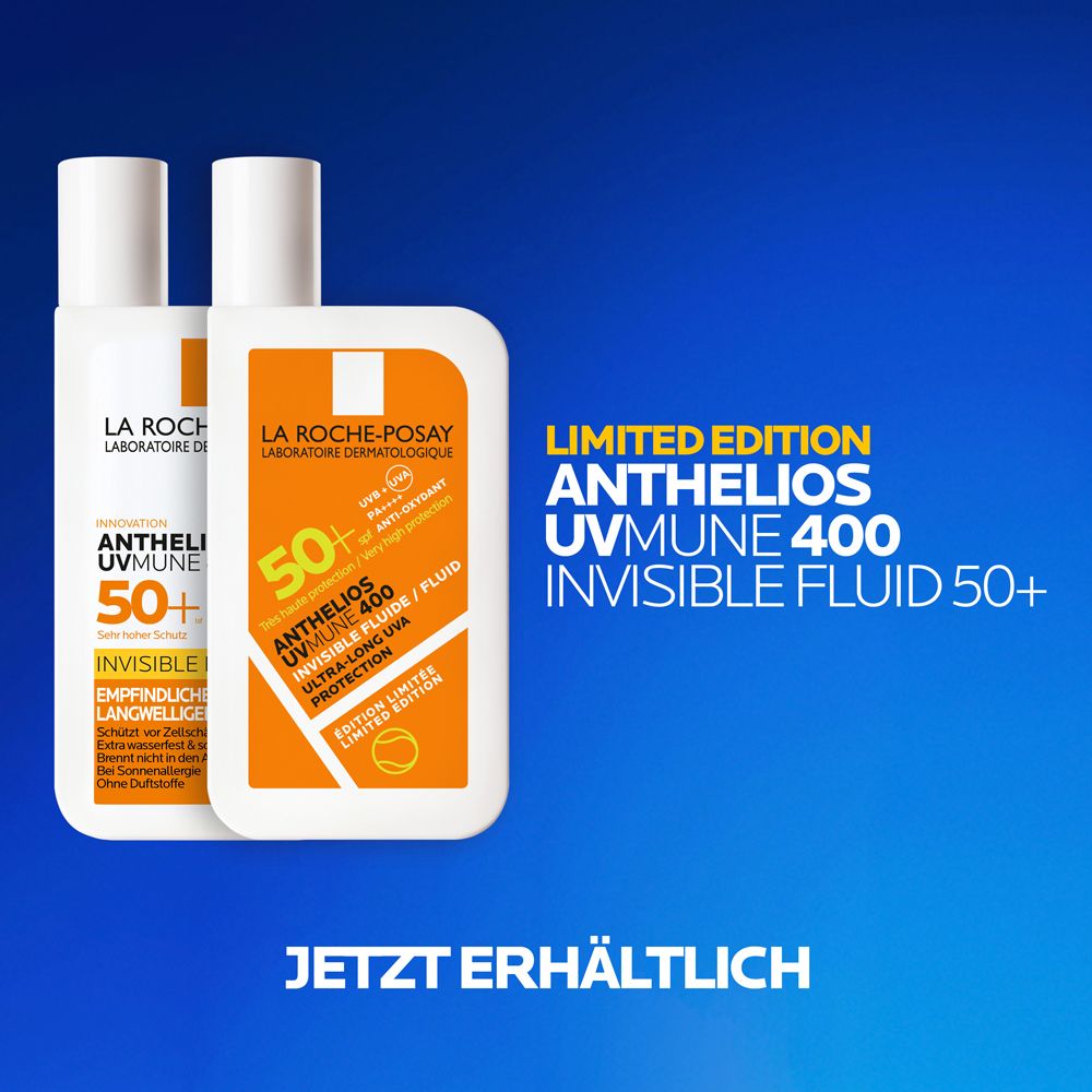 Zwei Flaschen La Roche-Posay Anthelios UVMune 400 Fluid. Orangefarbene Etiketten mit Text. Limited Edition.